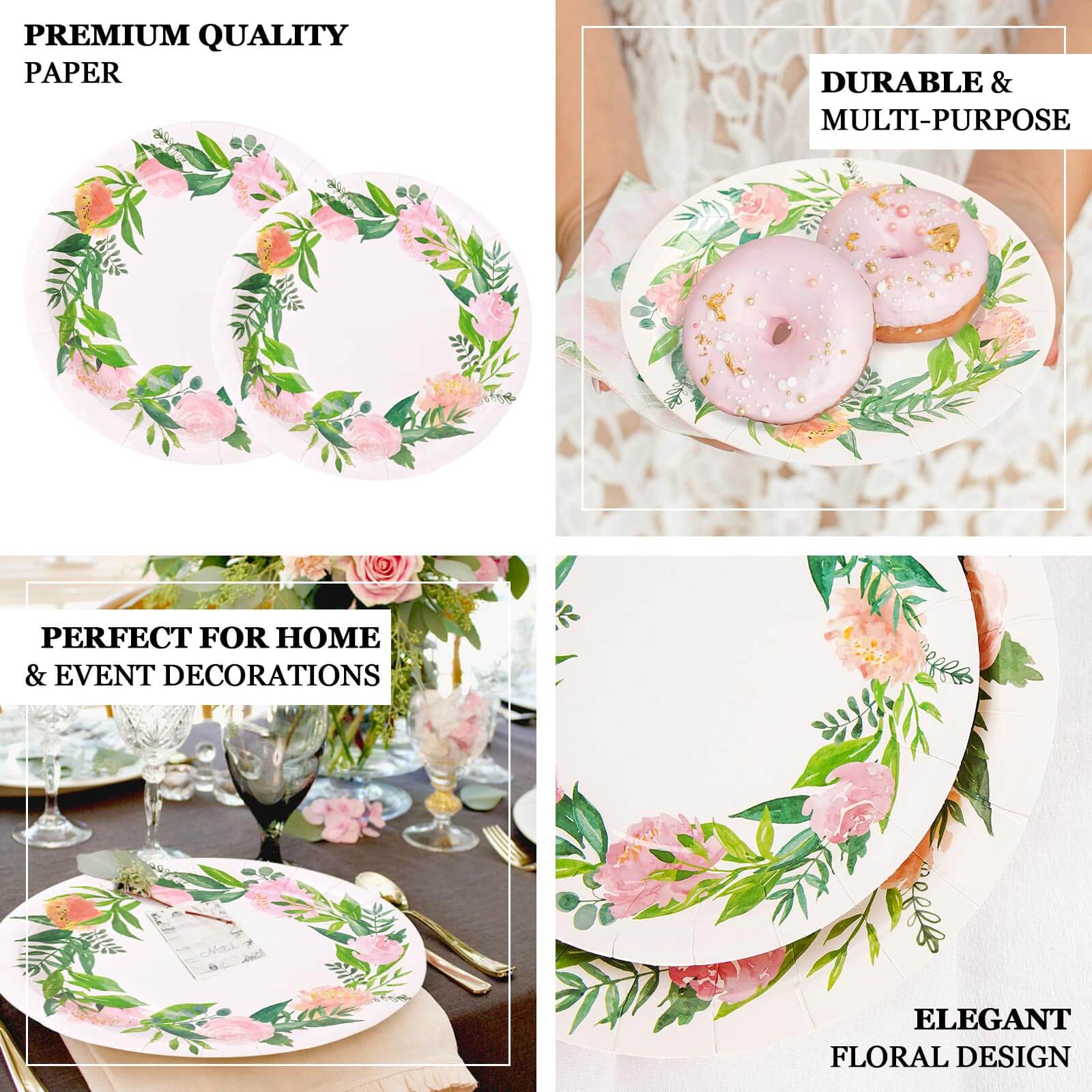 25-Pack Paper Round Dinner Plates 9" White with Rose/Peony Flower Wreath - Disposable Party Plates for Special Occasions & Gatherings - Image 4