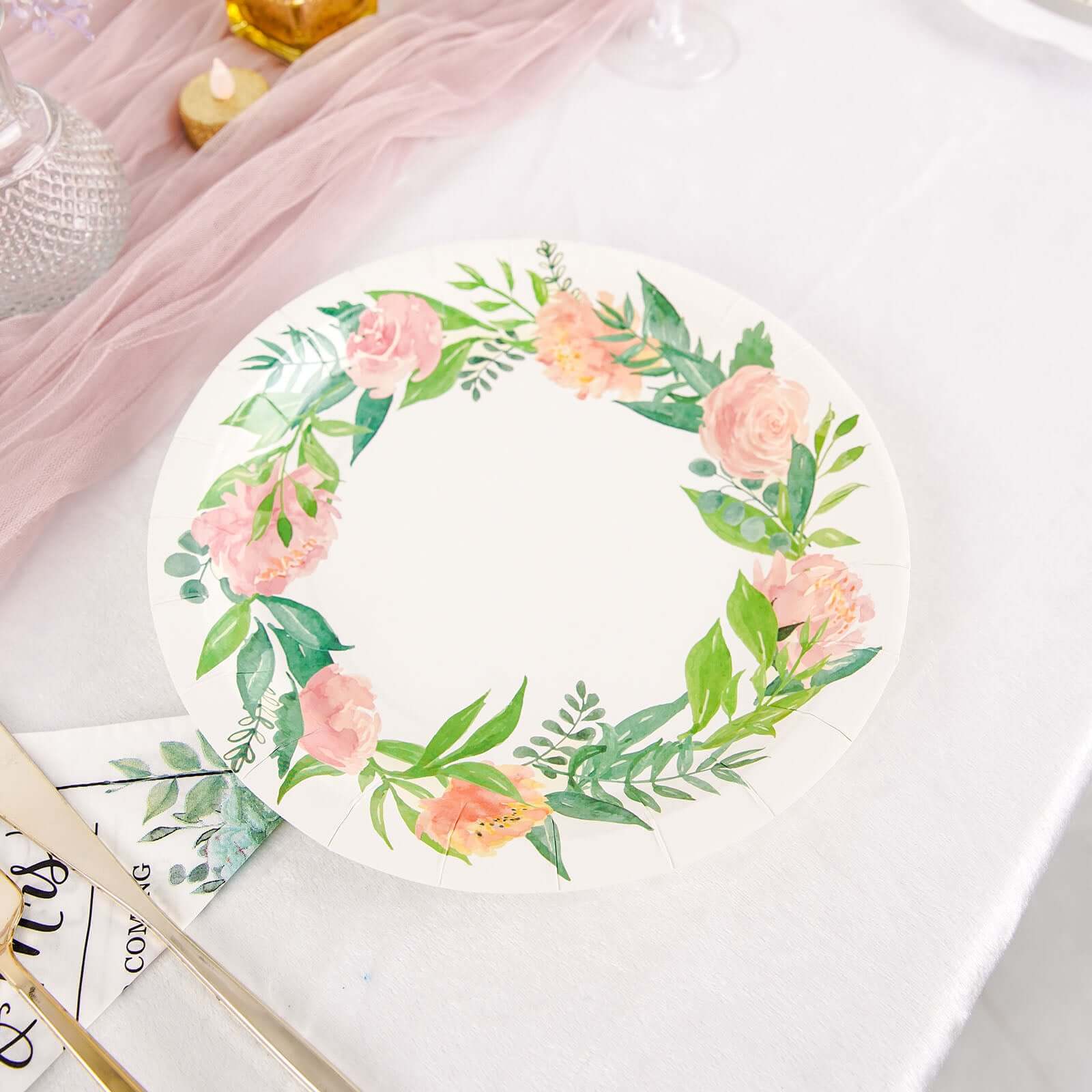 25-Pack Paper Round Dinner Plates 9" White with Rose/Peony Flower Wreath - Disposable Party Plates for Special Occasions & Gatherings - Image 6