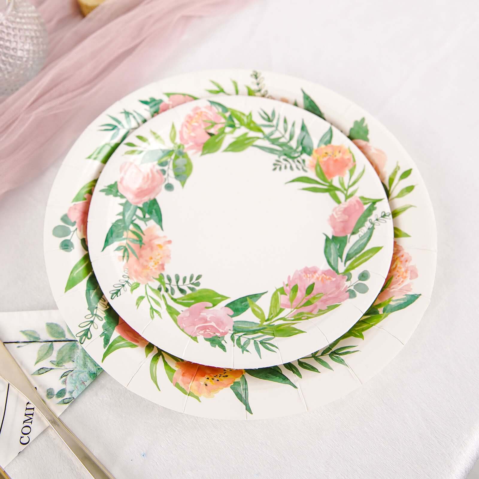 25-Pack Paper Round Dinner Plates 9" White with Rose/Peony Flower Wreath - Disposable Party Plates for Special Occasions & Gatherings - Image 8