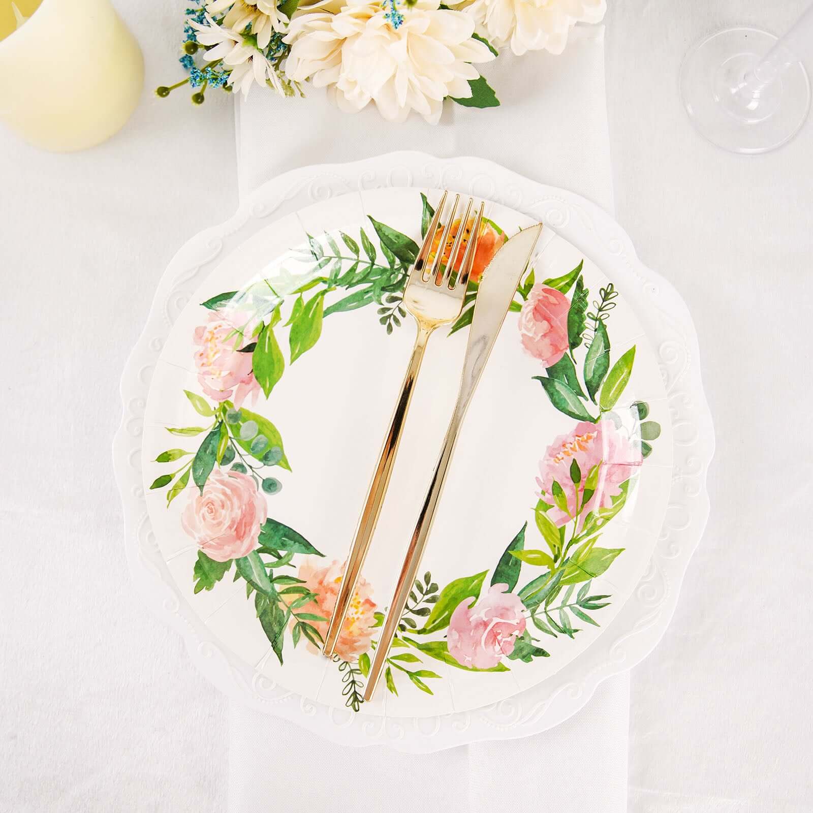 25-Pack Paper Round Dinner Plates 9" White with Rose/Peony Flower Wreath - Disposable Party Plates for Special Occasions & Gatherings - Image 9