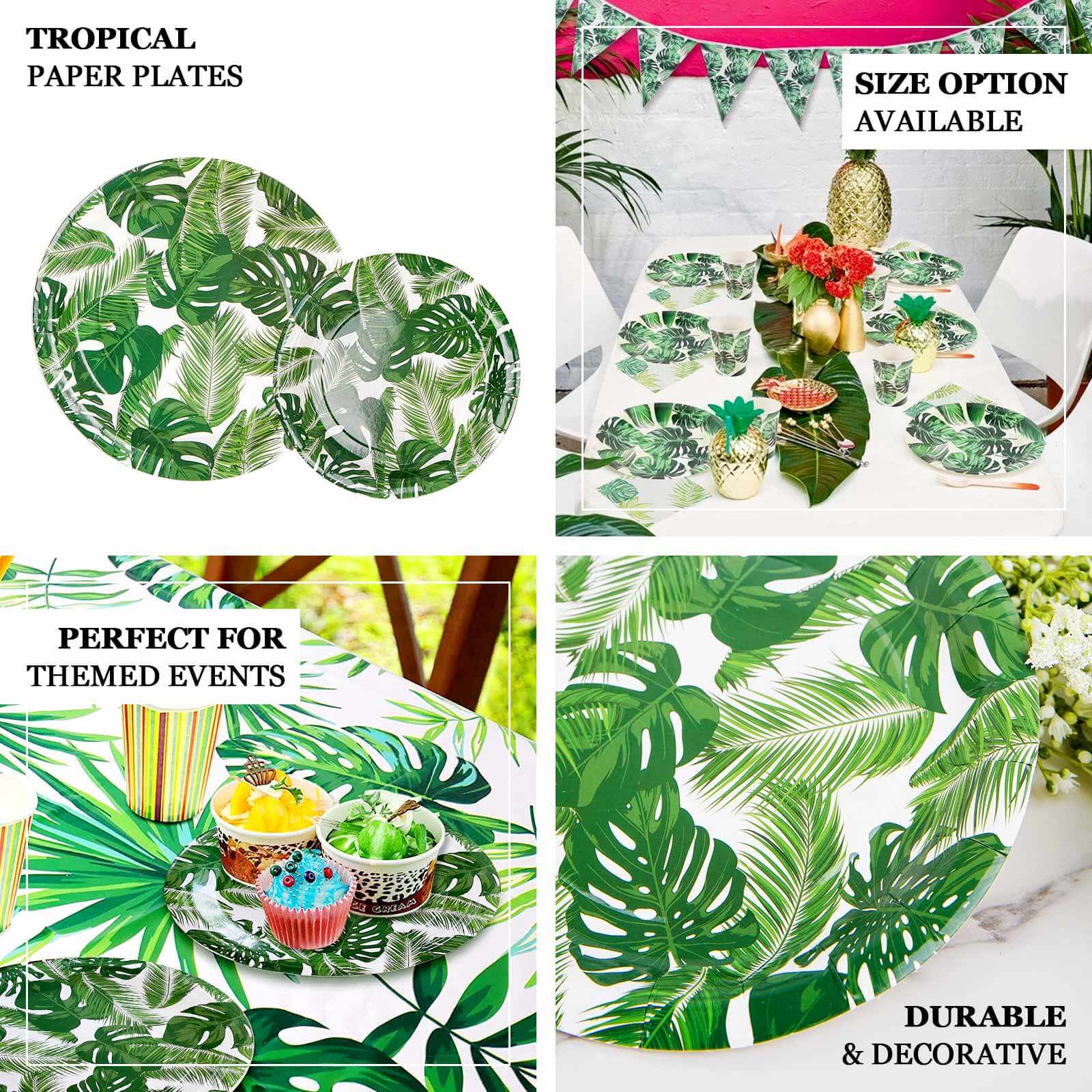 25-Pack Paper Round Dinner Plates 9" White with Tropical Palm Leaf Design - 300GSM Disposable Party Plates for Boho Chic & Jungle Themed Events - Image 4