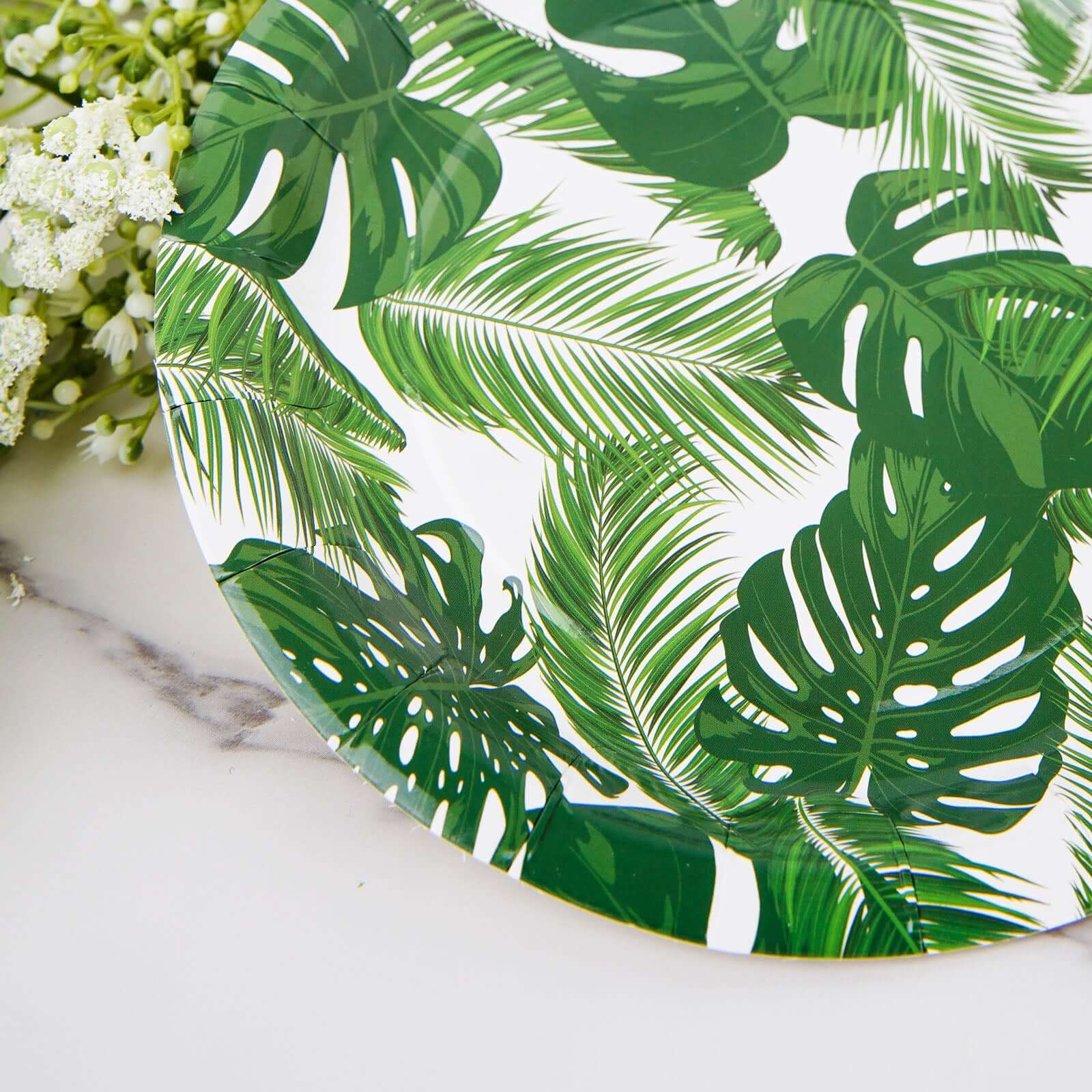 25-Pack Paper Round Dinner Plates 9" White with Tropical Palm Leaf Design - 300GSM Disposable Party Plates for Boho Chic & Jungle Themed Events - Image 6