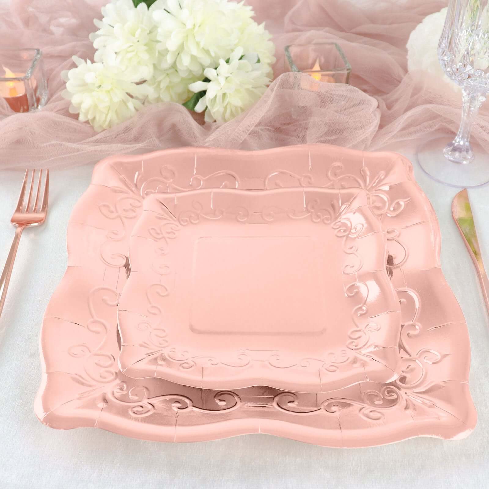 25-Pack Paper Square Dessert Plates 7" Rose Gold with Vintage Pottery Embossed Design - Shiny Metallic Disposable Appetizer Plates - Image 15