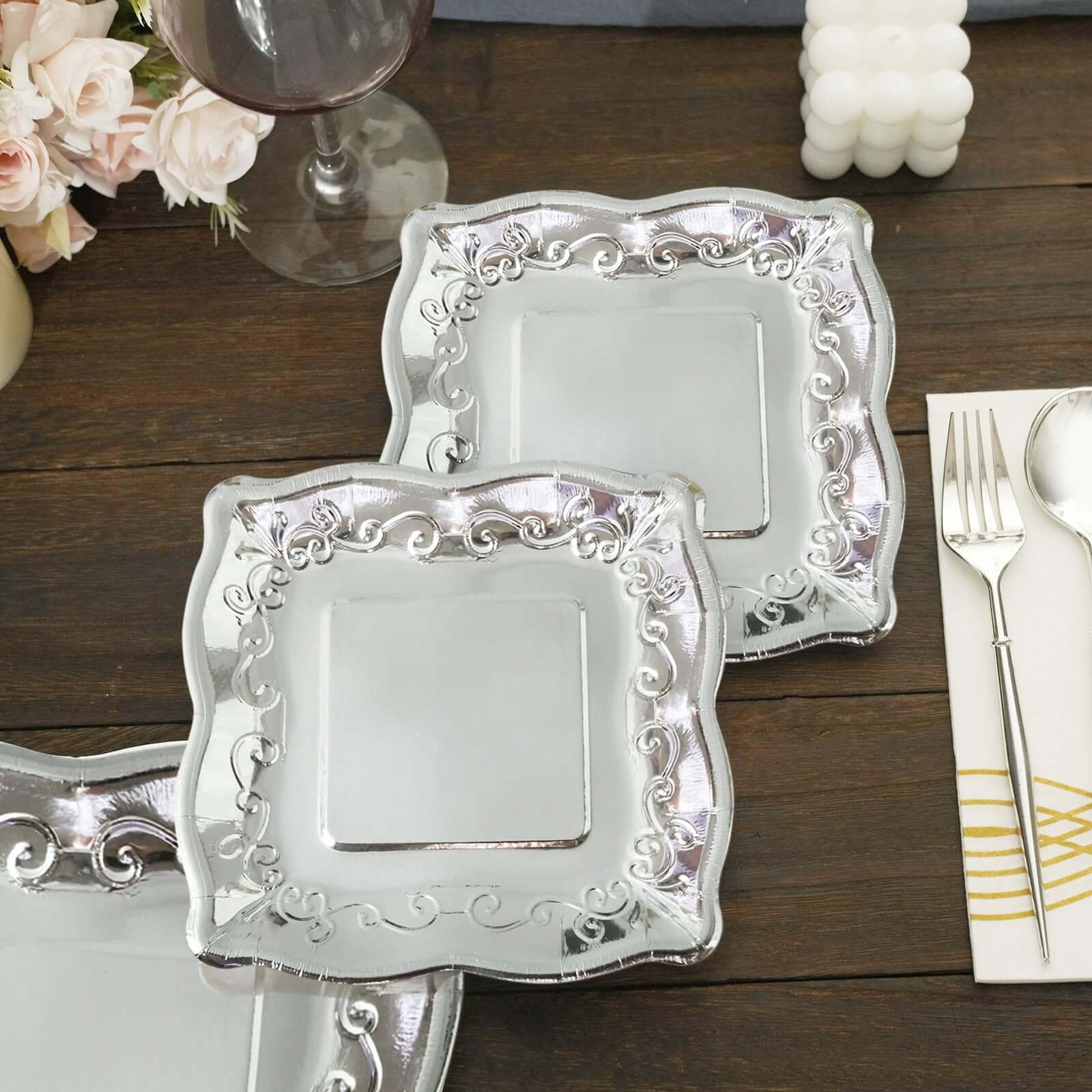 25-Pack Paper Square Dessert Plates 7" Silver with Vintage Pottery Embossed Design - Shiny Metallic Disposable Appetizer Plates - Image 10