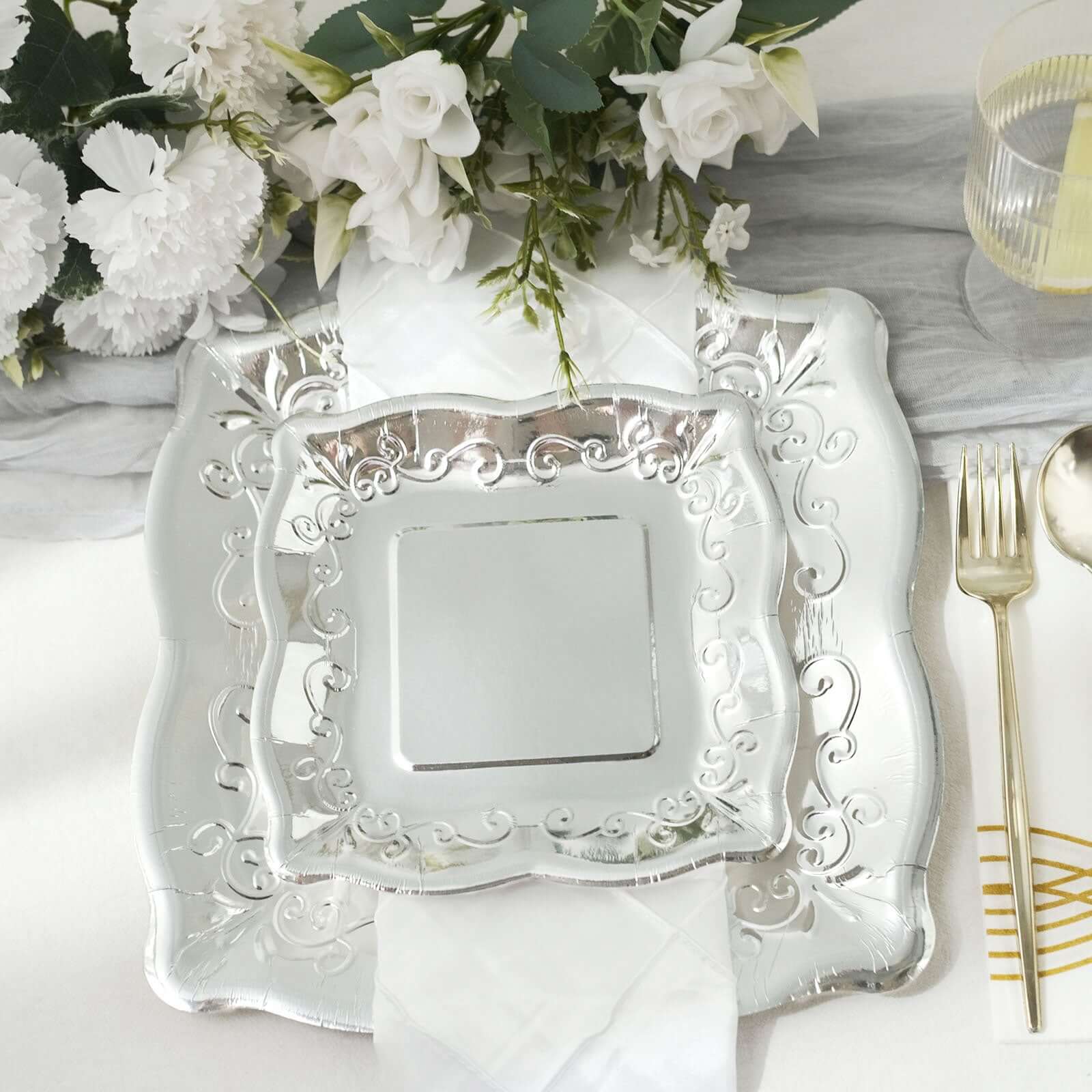 25-Pack Paper Square Dessert Plates 7" Silver with Vintage Pottery Embossed Design - Shiny Metallic Disposable Appetizer Plates - Image 11