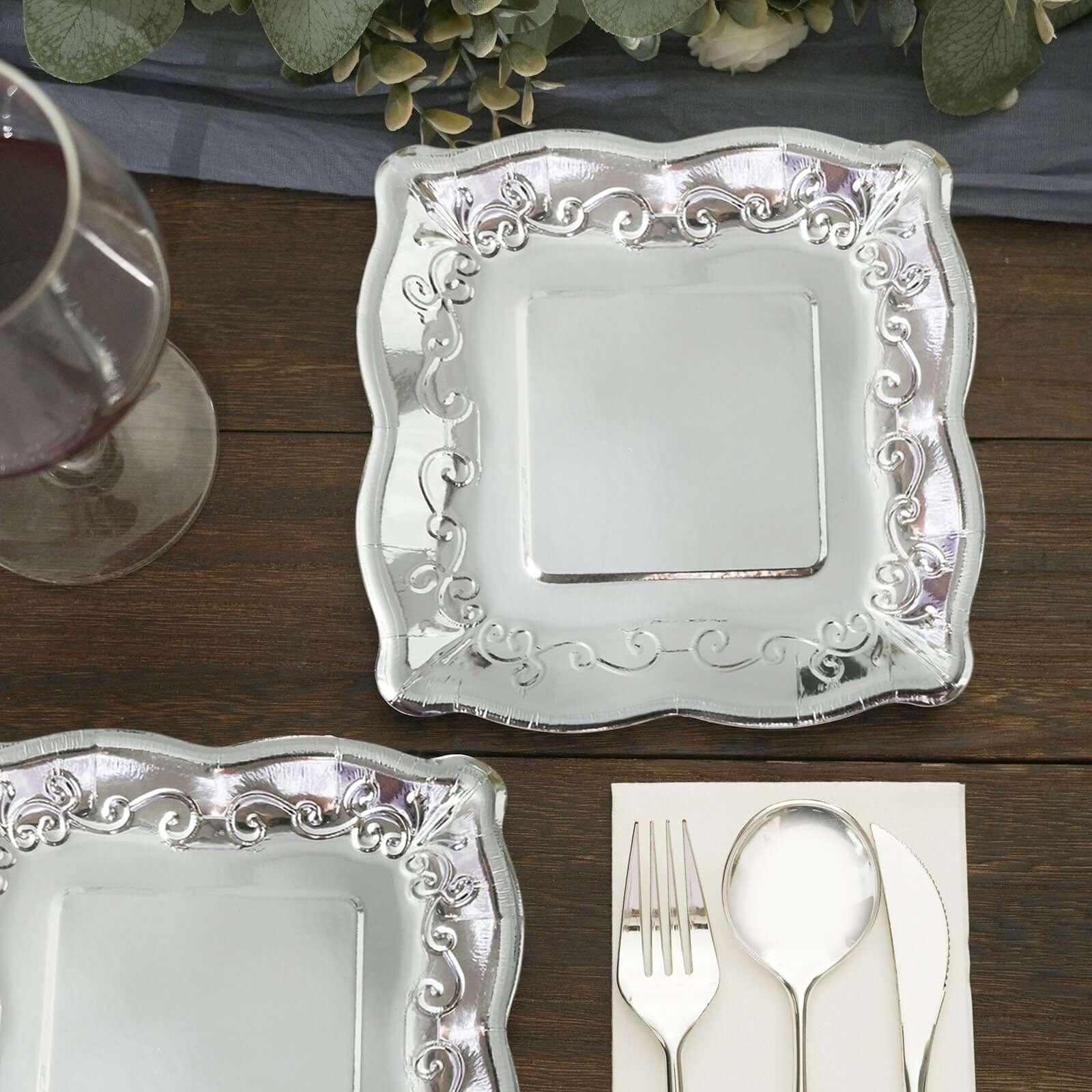 25-Pack Paper Square Dessert Plates 7" Silver with Vintage Pottery Embossed Design - Shiny Metallic Disposable Appetizer Plates - Image 12