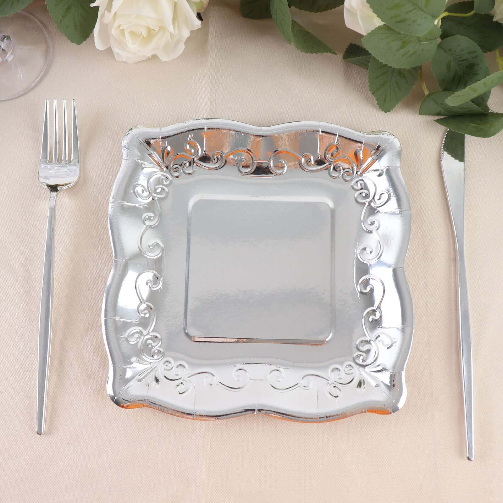 25-Pack Paper Square Dessert Plates 7" Silver with Vintage Pottery Embossed Design - Shiny Metallic Disposable Appetizer Plates - Image 14
