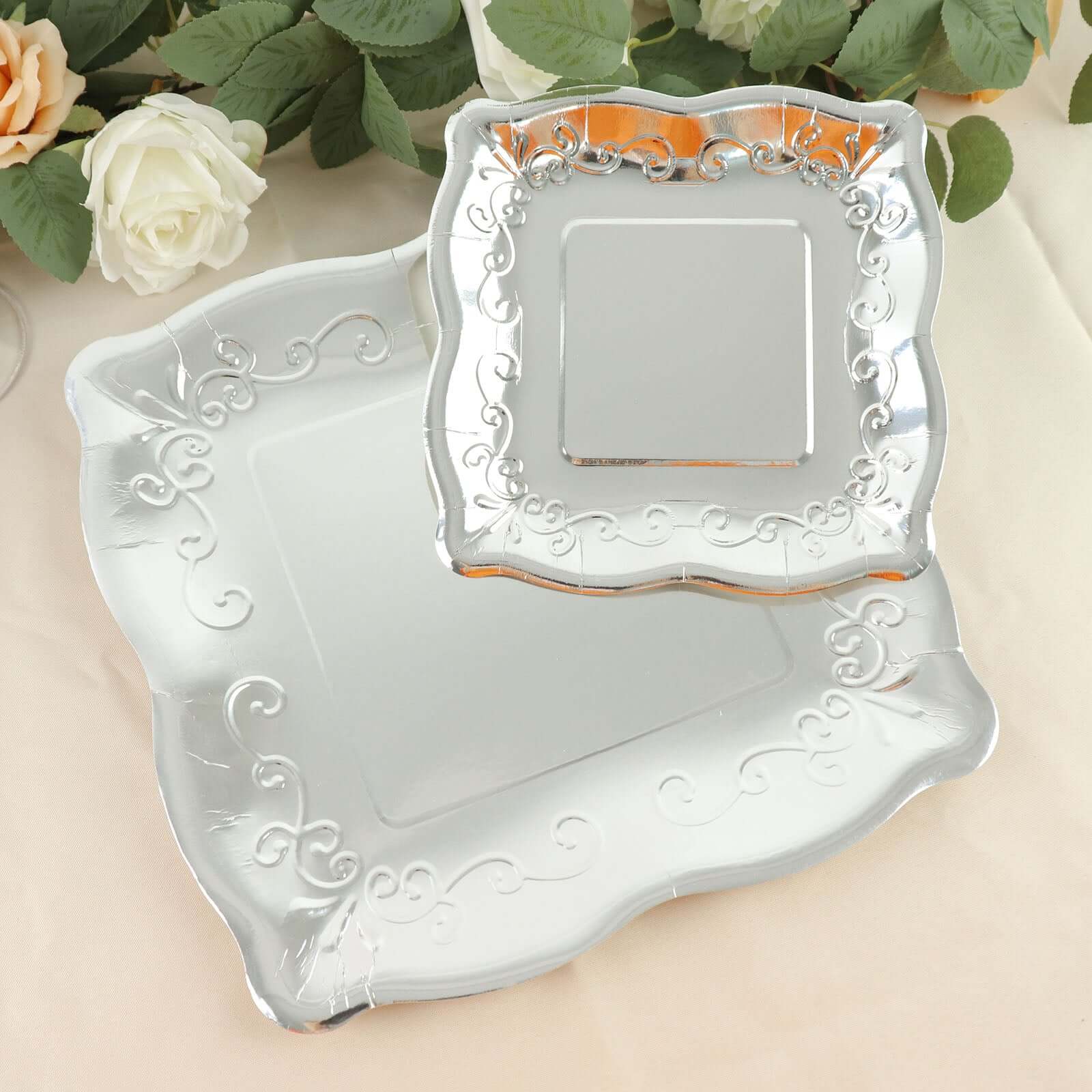 25-Pack Paper Square Dessert Plates 7" Silver with Vintage Pottery Embossed Design - Shiny Metallic Disposable Appetizer Plates - Image 16