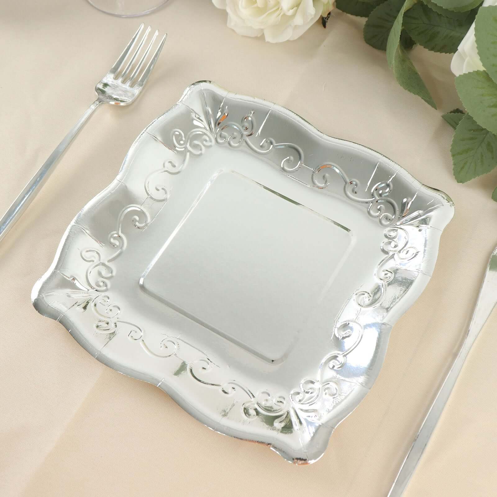 25-Pack Paper Square Dessert Plates 7" Silver with Vintage Pottery Embossed Design - Shiny Metallic Disposable Appetizer Plates - Image 17