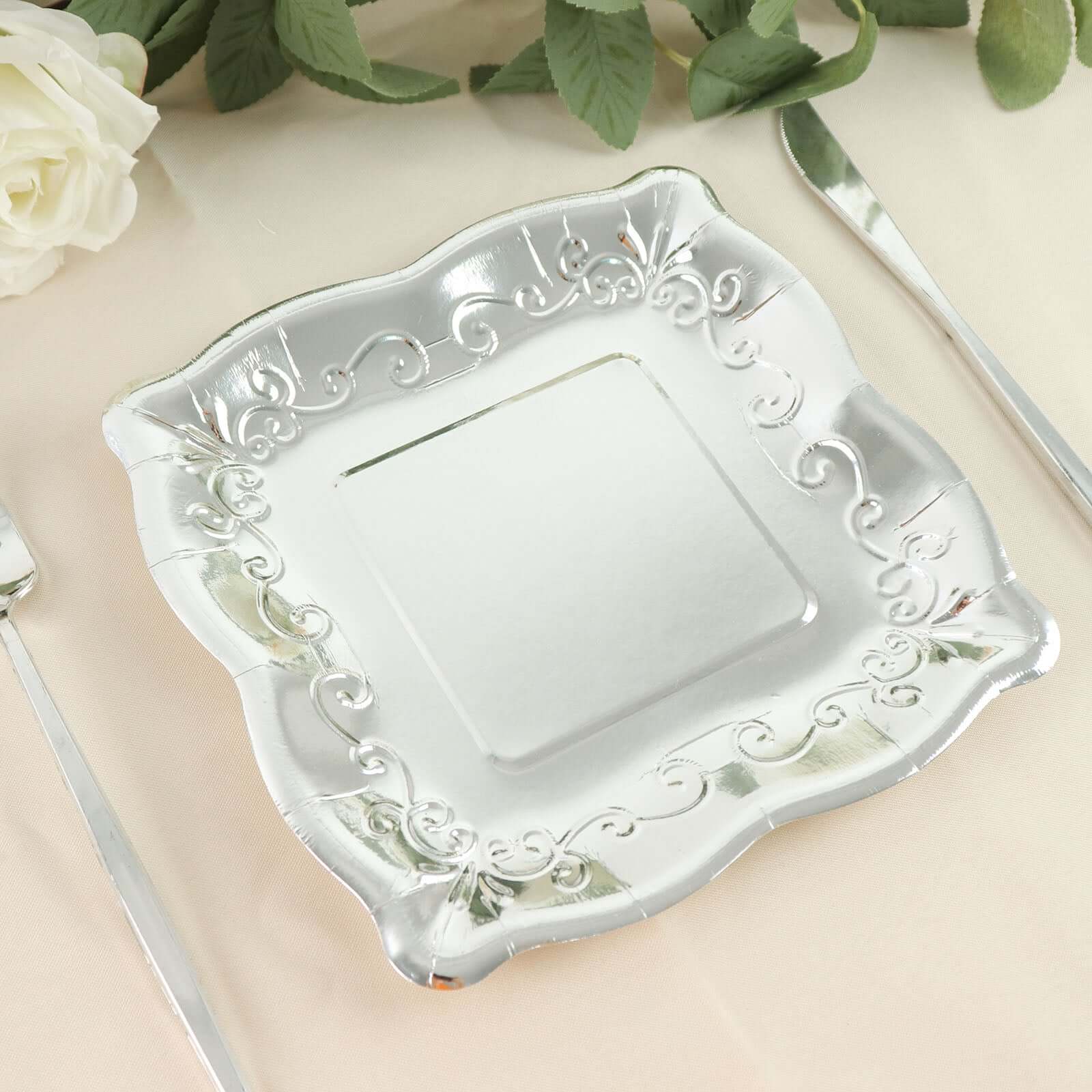 25-Pack Paper Square Dessert Plates 7" Silver with Vintage Pottery Embossed Design - Shiny Metallic Disposable Appetizer Plates - Image 18