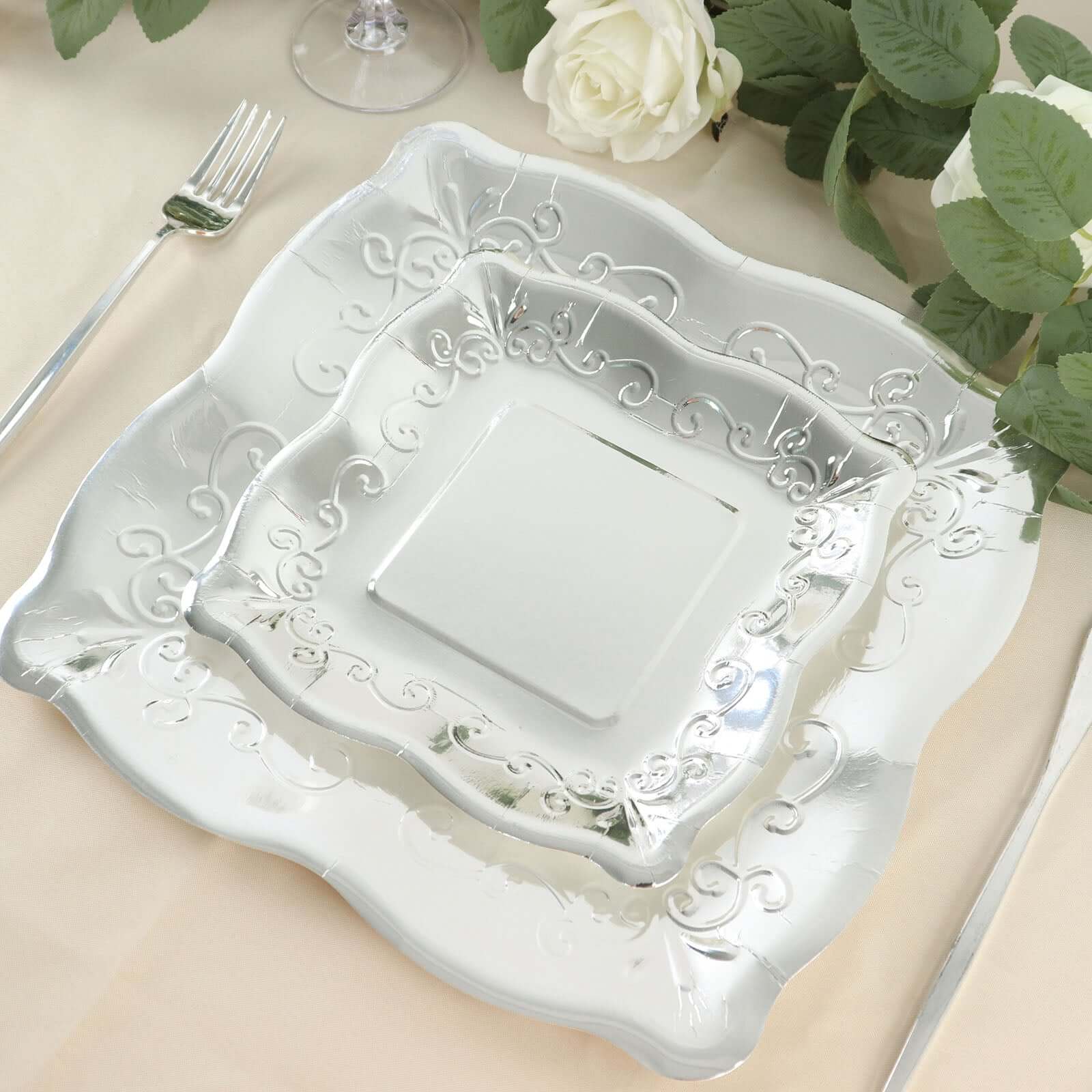 25-Pack Paper Square Dessert Plates 7" Silver with Vintage Pottery Embossed Design - Shiny Metallic Disposable Appetizer Plates - Image 19