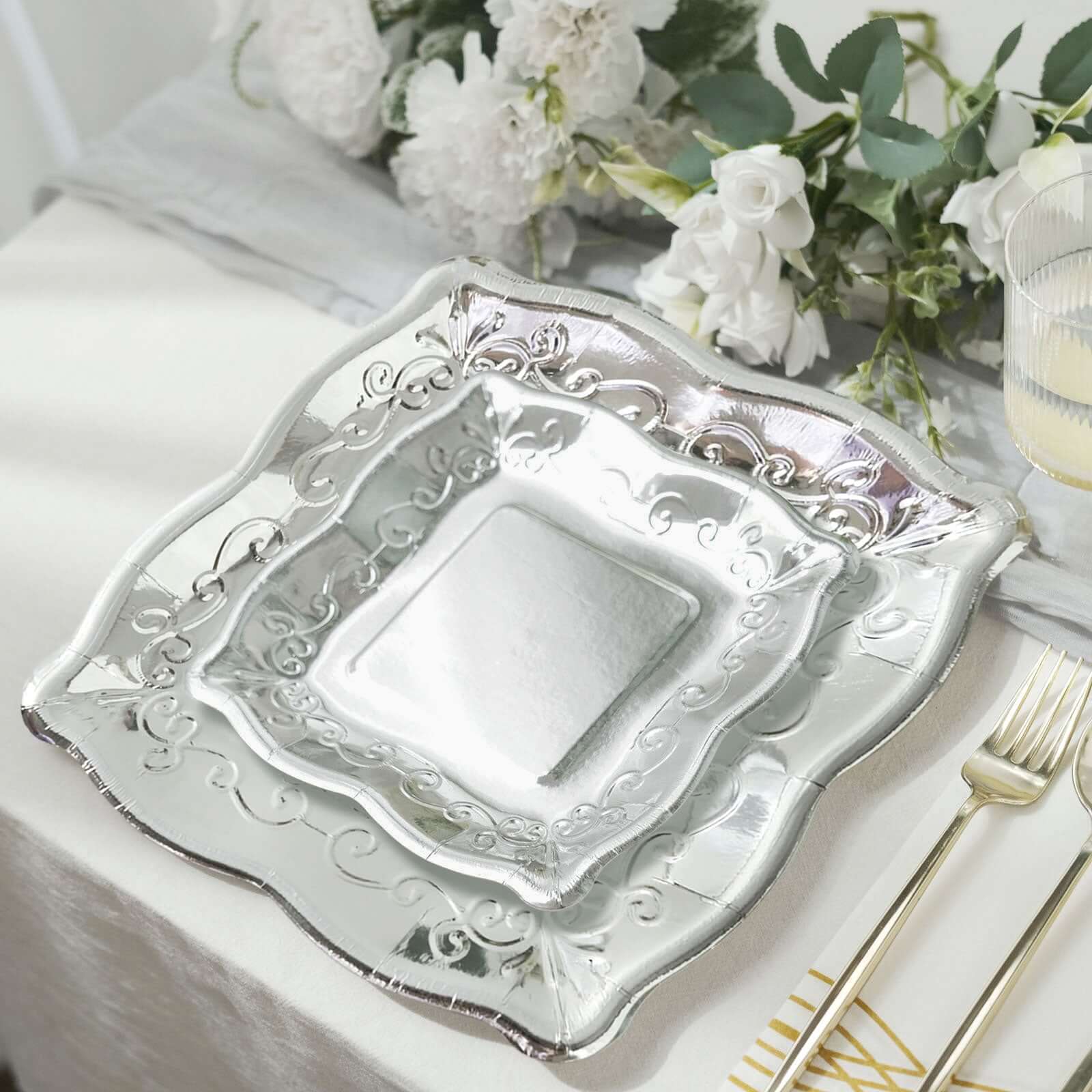 25-Pack Paper Square Dessert Plates 7" Silver with Vintage Pottery Embossed Design - Shiny Metallic Disposable Appetizer Plates - Image 2