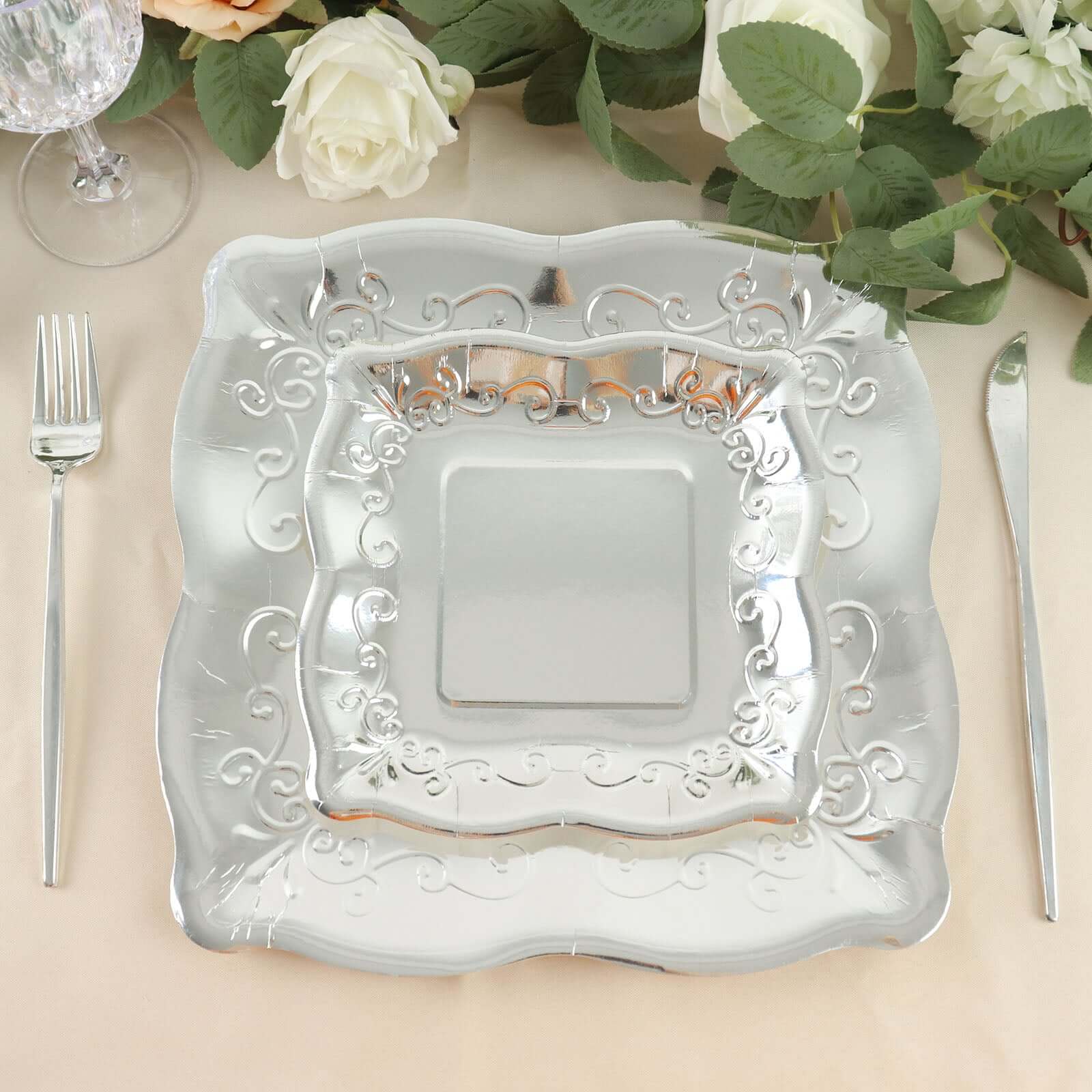 25-Pack Paper Square Dessert Plates 7" Silver with Vintage Pottery Embossed Design - Shiny Metallic Disposable Appetizer Plates - Image 20