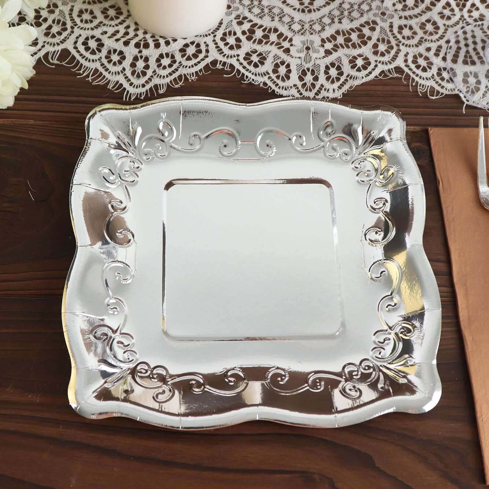 25-Pack Paper Square Dessert Plates 7" Silver with Vintage Pottery Embossed Design - Shiny Metallic Disposable Appetizer Plates - Image 23