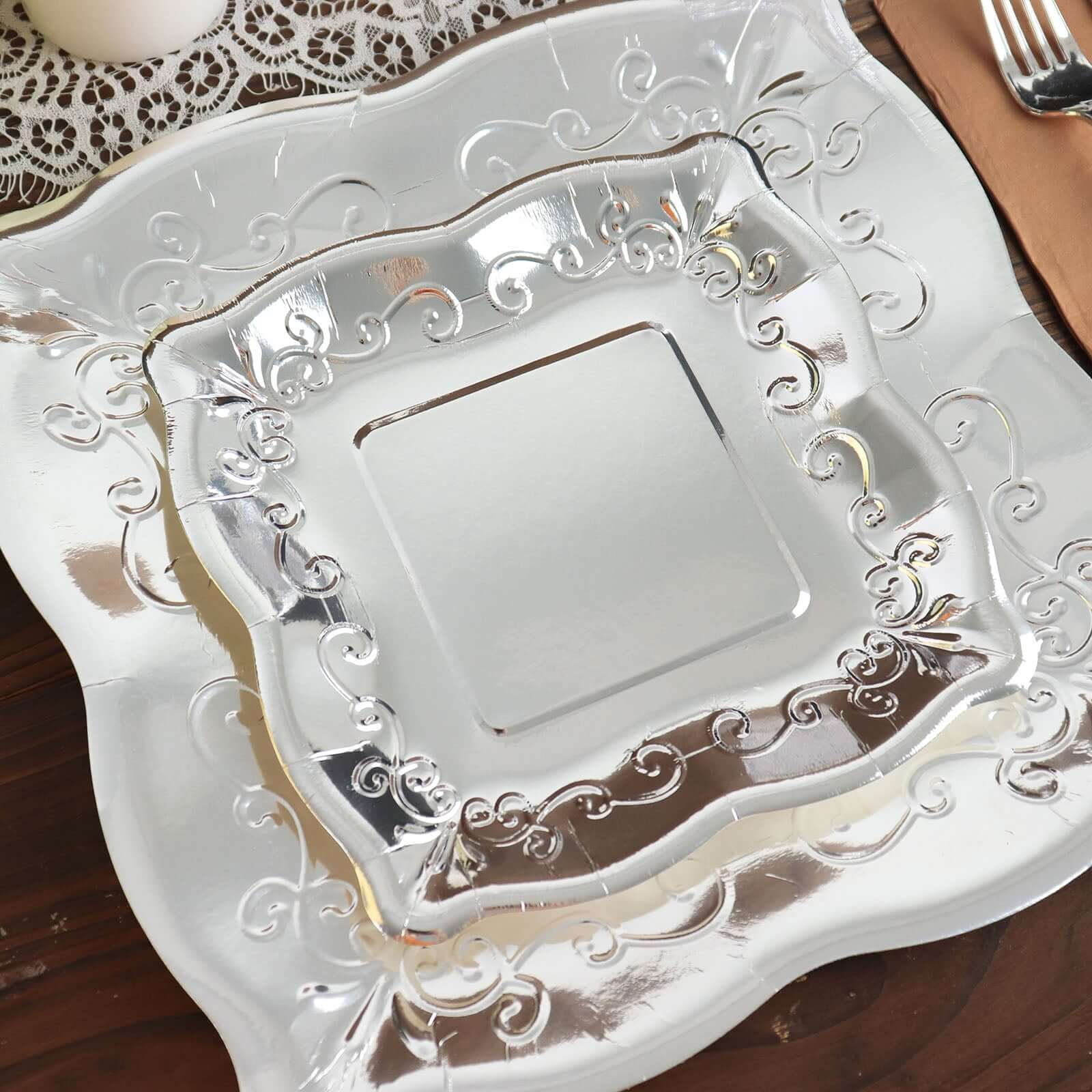25-Pack Paper Square Dessert Plates 7" Silver with Vintage Pottery Embossed Design - Shiny Metallic Disposable Appetizer Plates - Image 24