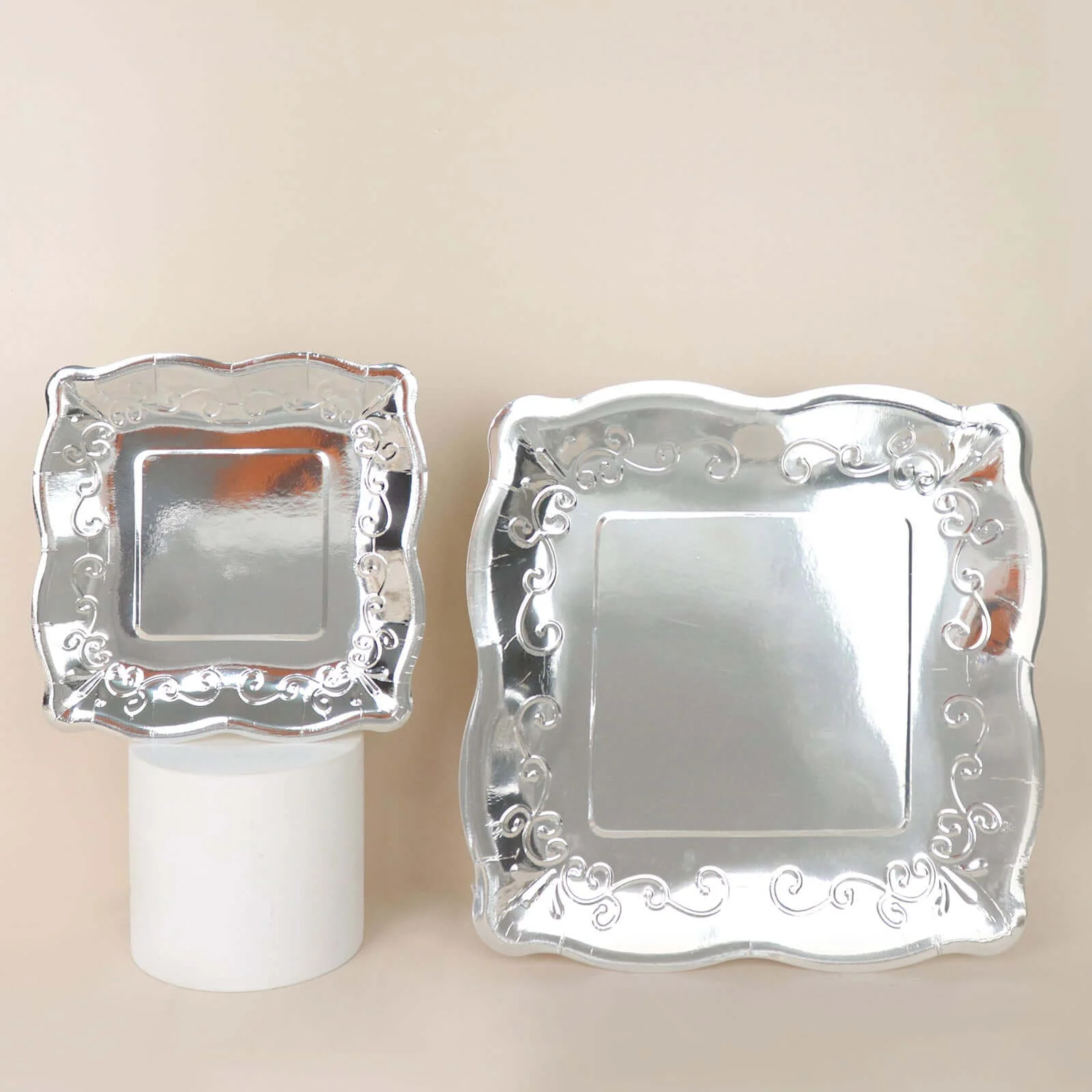 25-Pack Paper Square Dessert Plates 7" Silver with Vintage Pottery Embossed Design - Shiny Metallic Disposable Appetizer Plates - Image 25