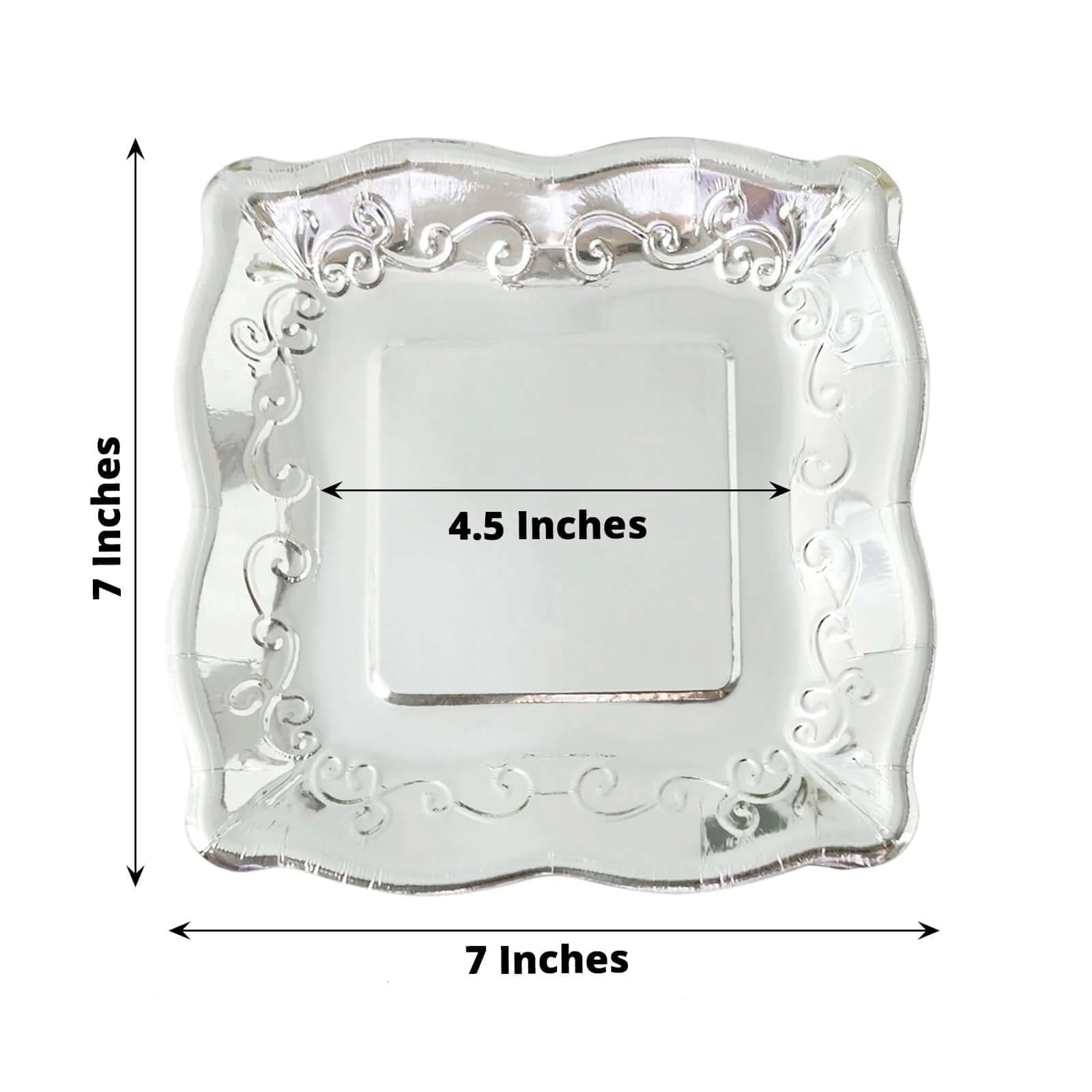 25-Pack Paper Square Dessert Plates 7" Silver with Vintage Pottery Embossed Design - Shiny Metallic Disposable Appetizer Plates - Image 3