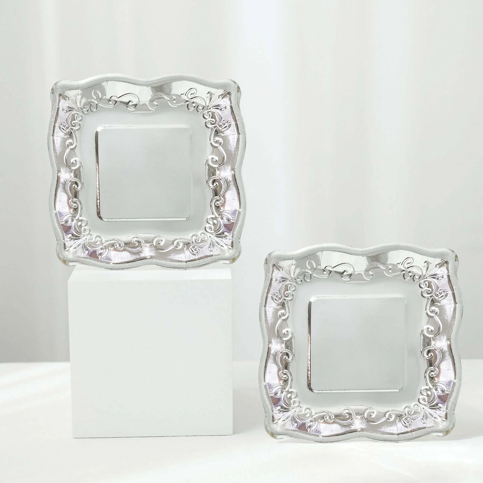 25-Pack Paper Square Dessert Plates 7" Silver with Vintage Pottery Embossed Design - Shiny Metallic Disposable Appetizer Plates - Image 5