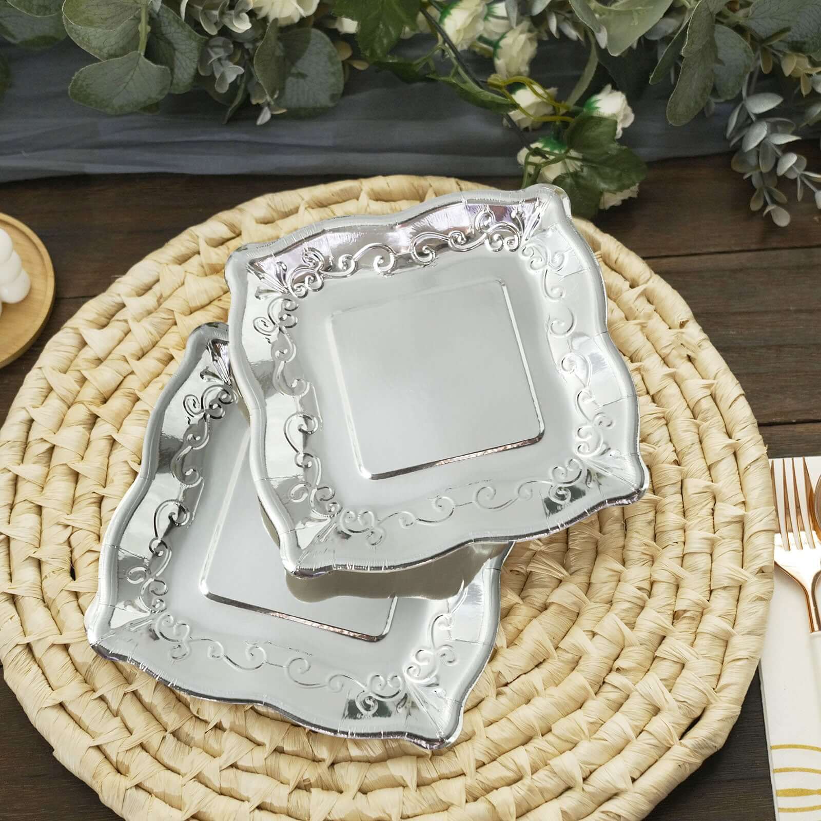 25-Pack Paper Square Dessert Plates 7" Silver with Vintage Pottery Embossed Design - Shiny Metallic Disposable Appetizer Plates - Image 6