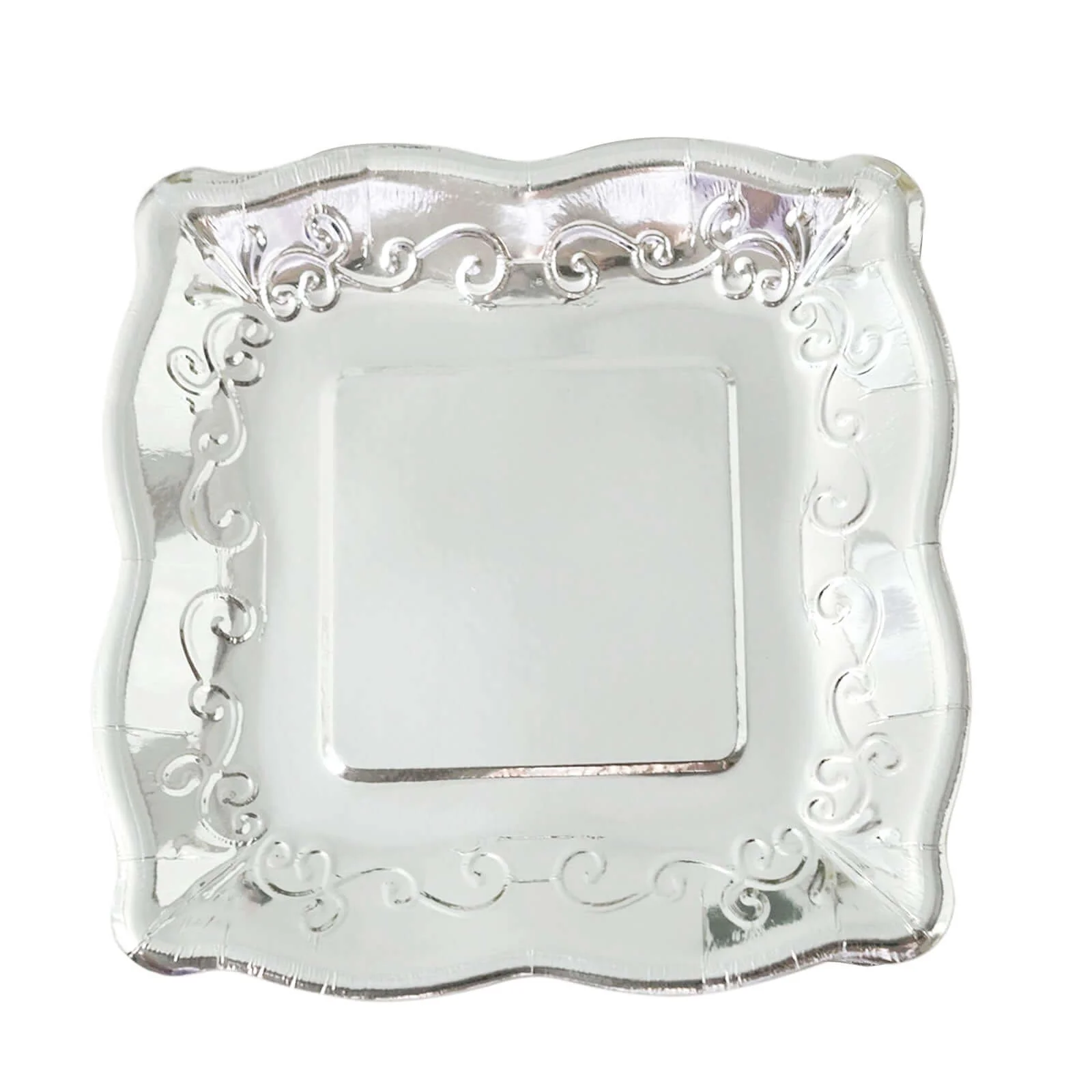 25-Pack Paper Square Dessert Plates 7" Silver with Vintage Pottery Embossed Design - Shiny Metallic Disposable Appetizer Plates - Image 7