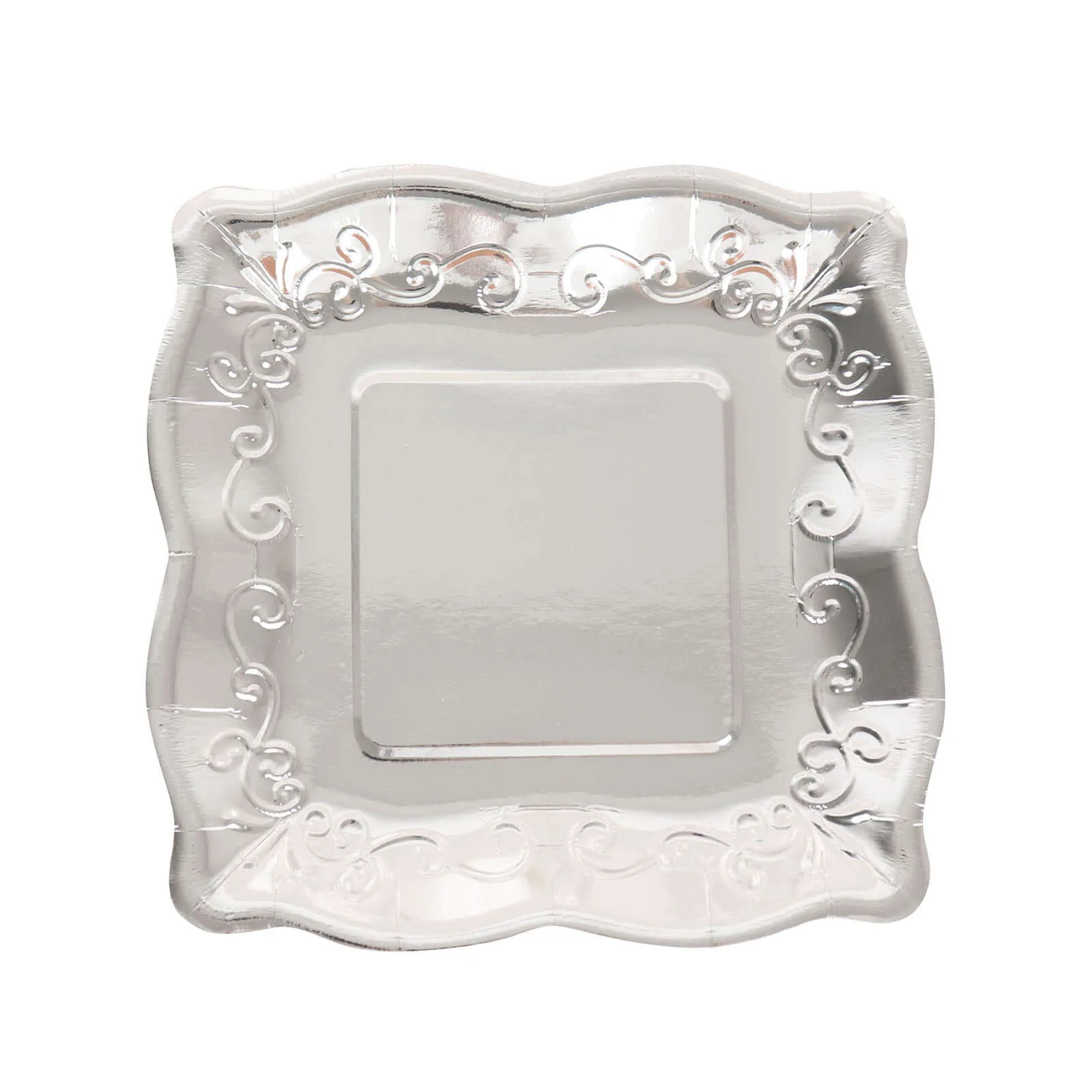 25-Pack Paper Square Dessert Plates 7" Silver with Vintage Pottery Embossed Design - Shiny Metallic Disposable Appetizer Plates - Image 8