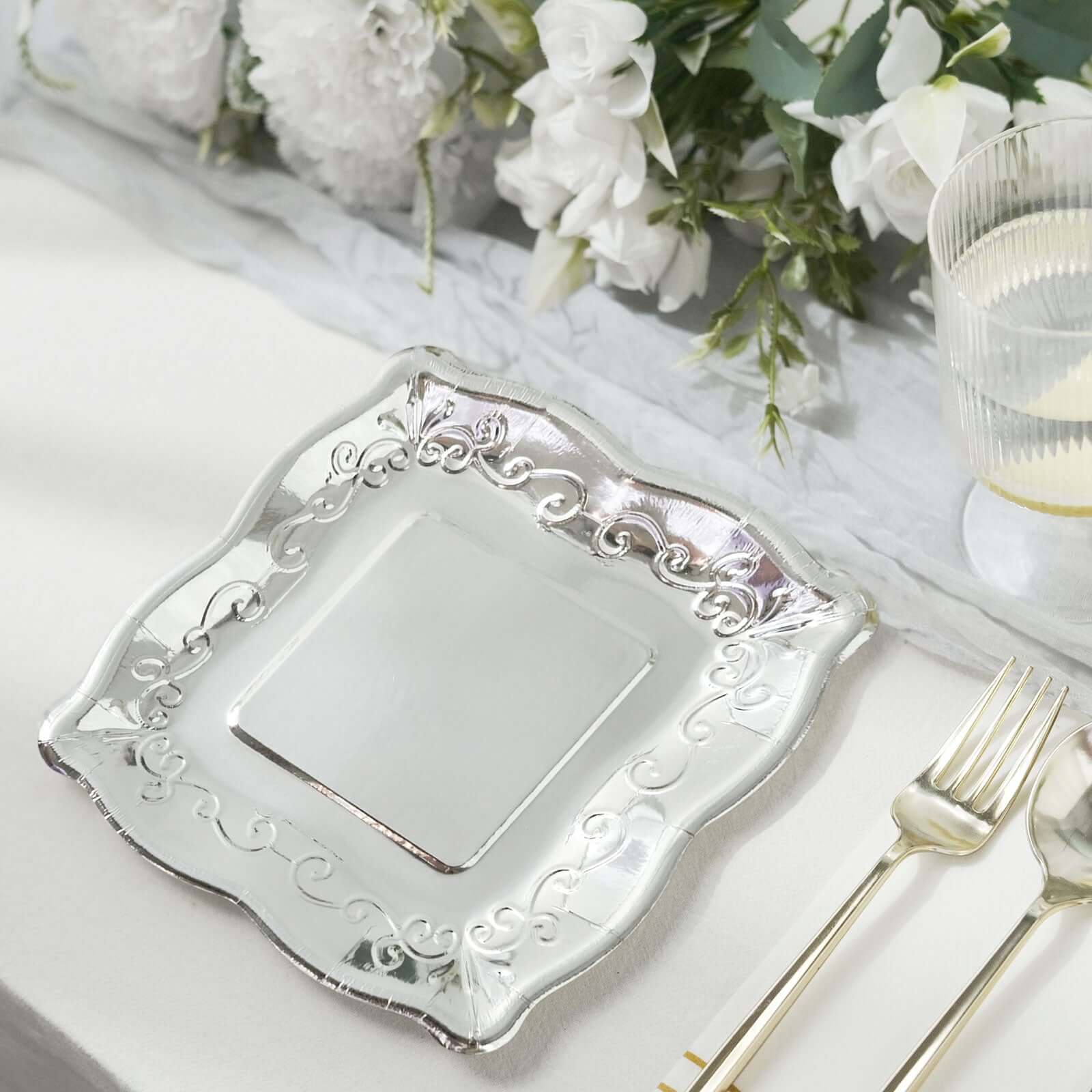 25-Pack Paper Square Dessert Plates 7" Silver with Vintage Pottery Embossed Design - Shiny Metallic Disposable Appetizer Plates - Image 9