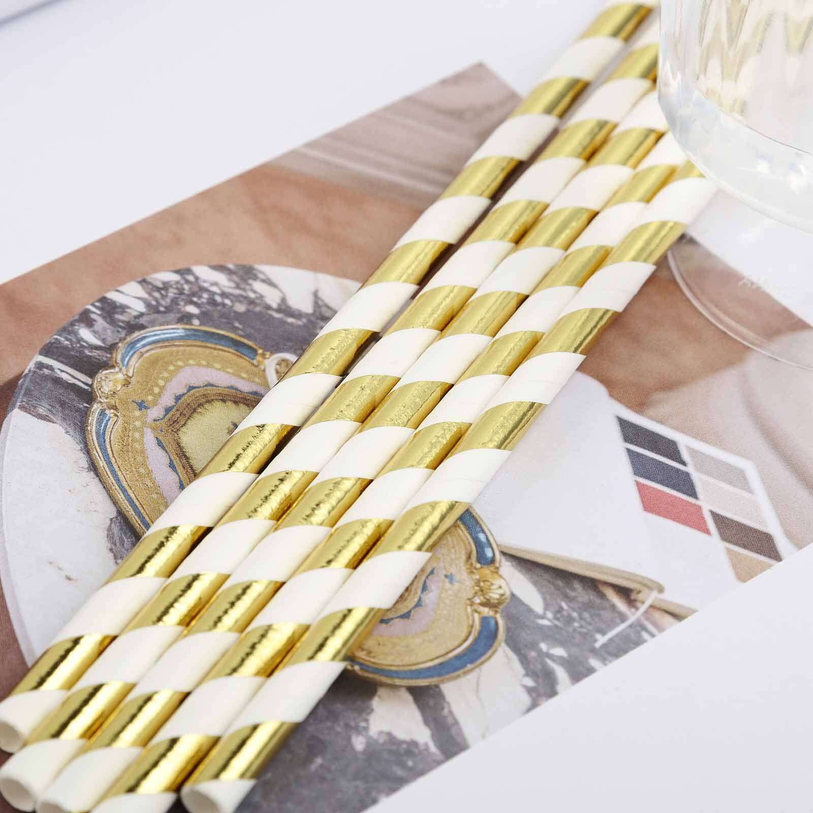 25-Pack Paper Straws 8" White/Gold Striped - Disposable Straws for Parties - Image 10