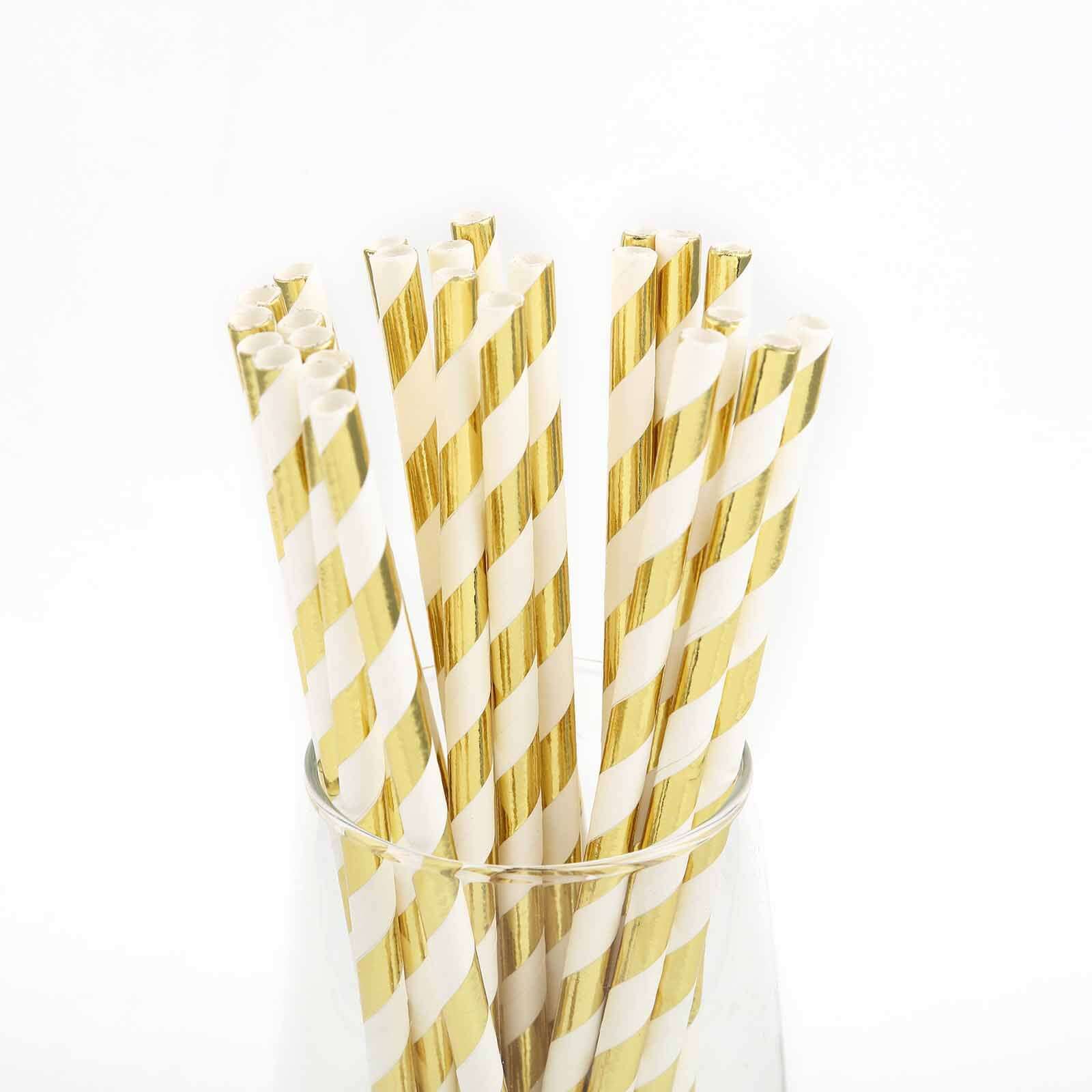 25-Pack Paper Straws 8" White/Gold Striped - Disposable Straws for Parties - Image 12