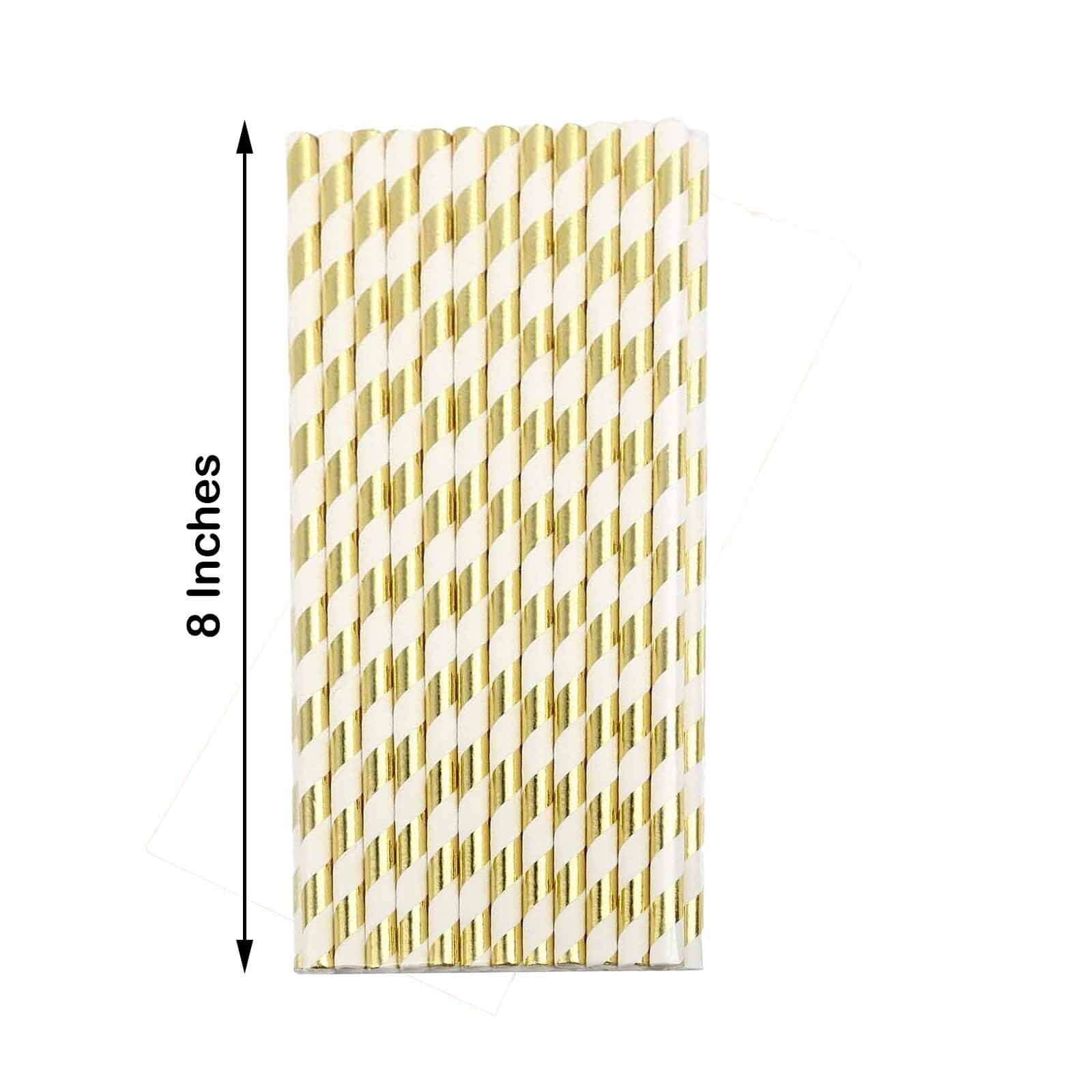 25-Pack Paper Straws 8" White/Gold Striped - Disposable Straws for Parties - Image 3