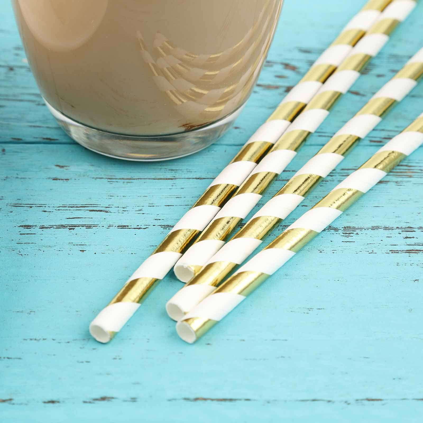 25-Pack Paper Straws 8" White/Gold Striped - Disposable Straws for Parties - Image 8