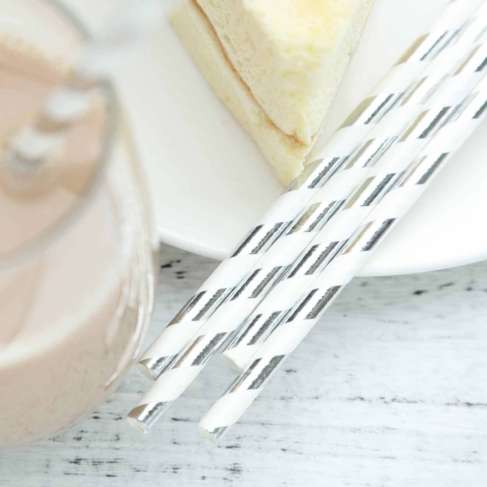 25-Pack Paper Straws 8" White/Silver Striped - Disposable Straws for Parties - Image 6