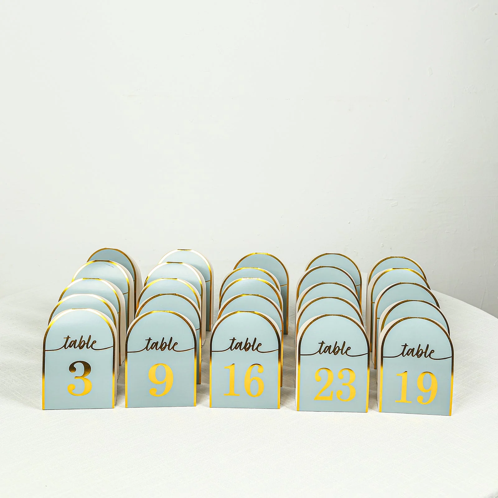 25-Pack Disposable Table Numbers 7" Dusty Blue Free Standing Double Sided Table Number Place Cards with Metallic Gold Foil Numbers 1-25 - Image 11