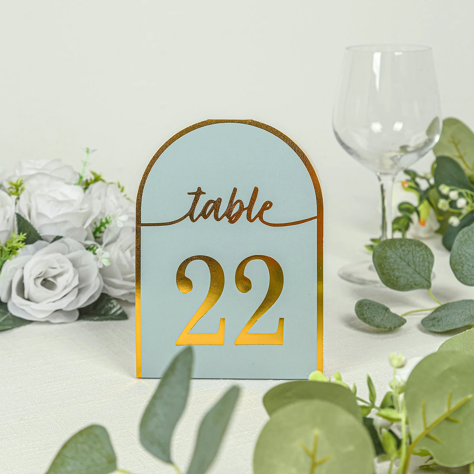 25-Pack Disposable Table Numbers 7" Dusty Blue Free Standing Double Sided Table Number Place Cards with Metallic Gold Foil Numbers 1-25 - Image 13