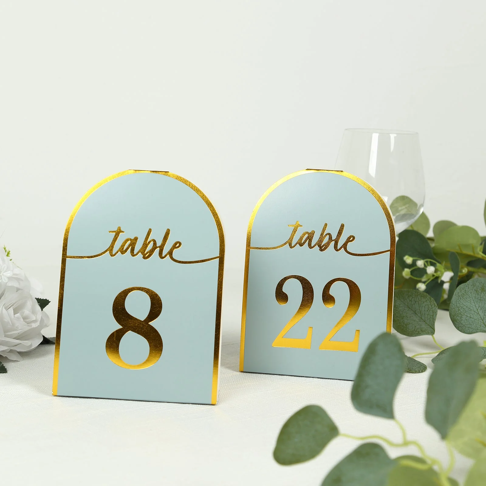 25-Pack Disposable Table Numbers 7" Dusty Blue Free Standing Double Sided Table Number Place Cards with Metallic Gold Foil Numbers 1-25 - Image 14