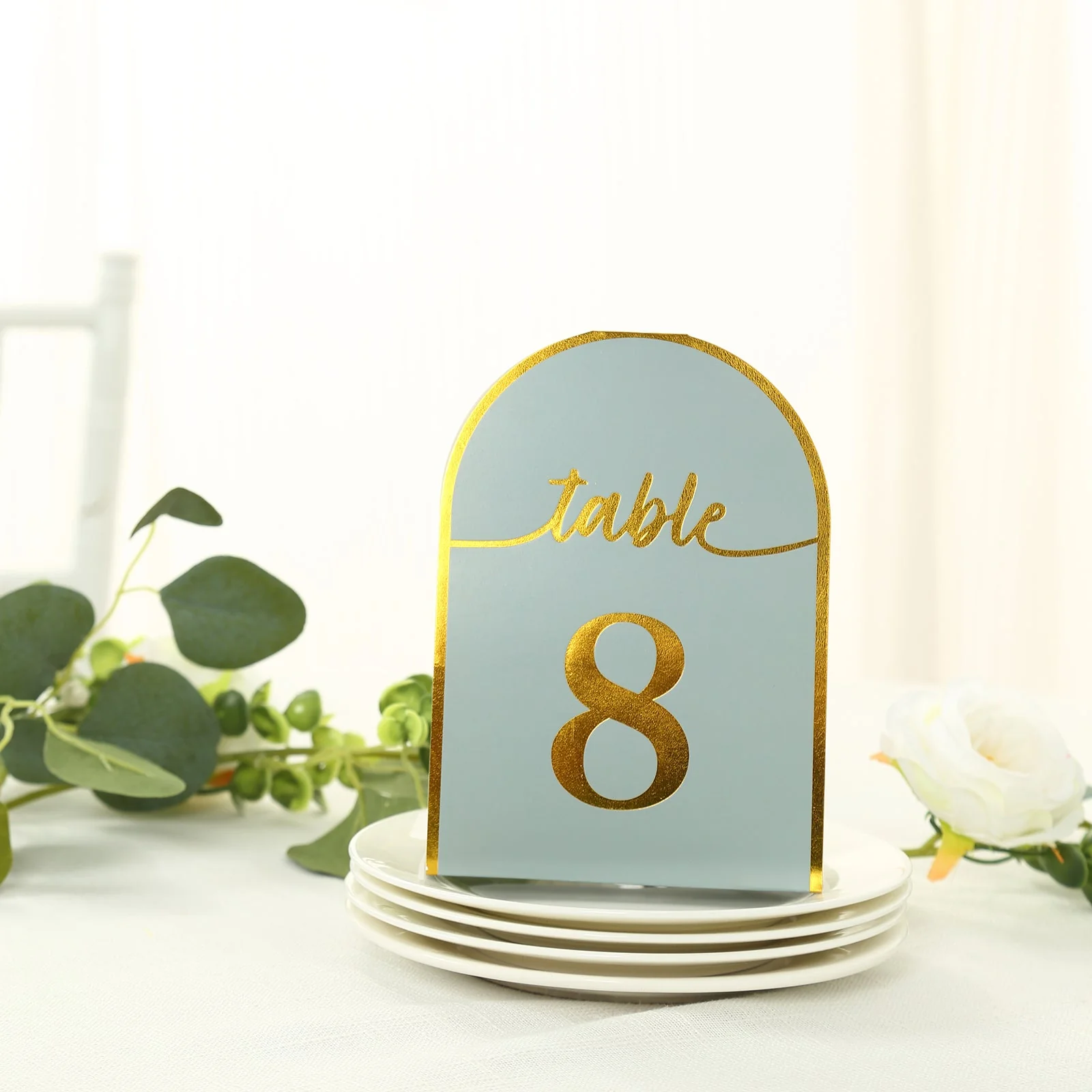 25-Pack Disposable Table Numbers 7" Dusty Blue Free Standing Double Sided Table Number Place Cards with Metallic Gold Foil Numbers 1-25 - Image 2