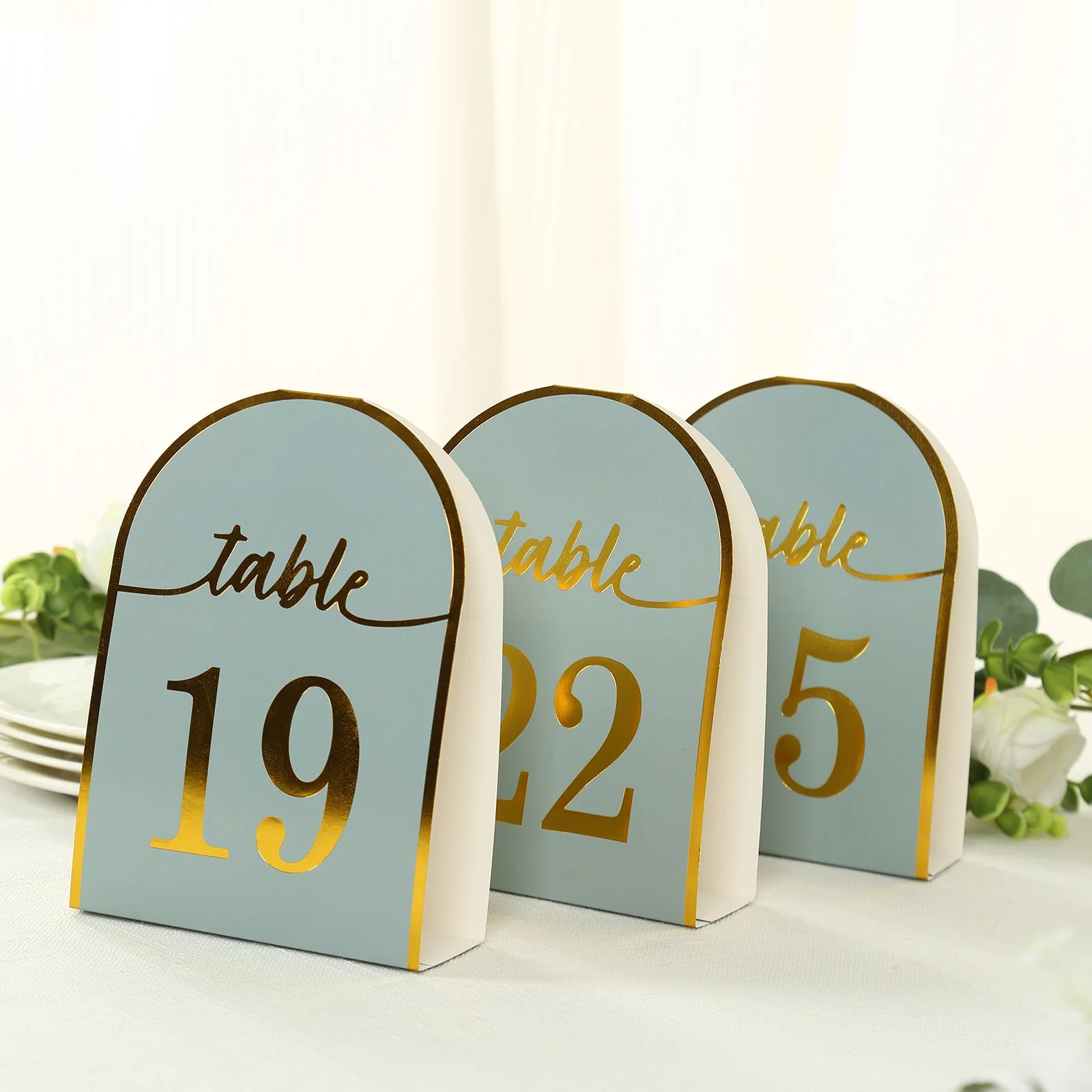 25-Pack Disposable Table Numbers 7" Dusty Blue Free Standing Double Sided Table Number Place Cards with Metallic Gold Foil Numbers 1-25 - Image 7