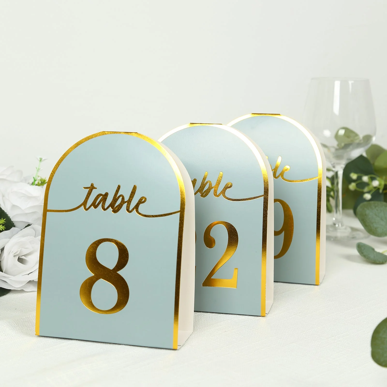 25-Pack Disposable Table Numbers 7" Dusty Blue Free Standing Double Sided Table Number Place Cards with Metallic Gold Foil Numbers 1-25 - Image 8