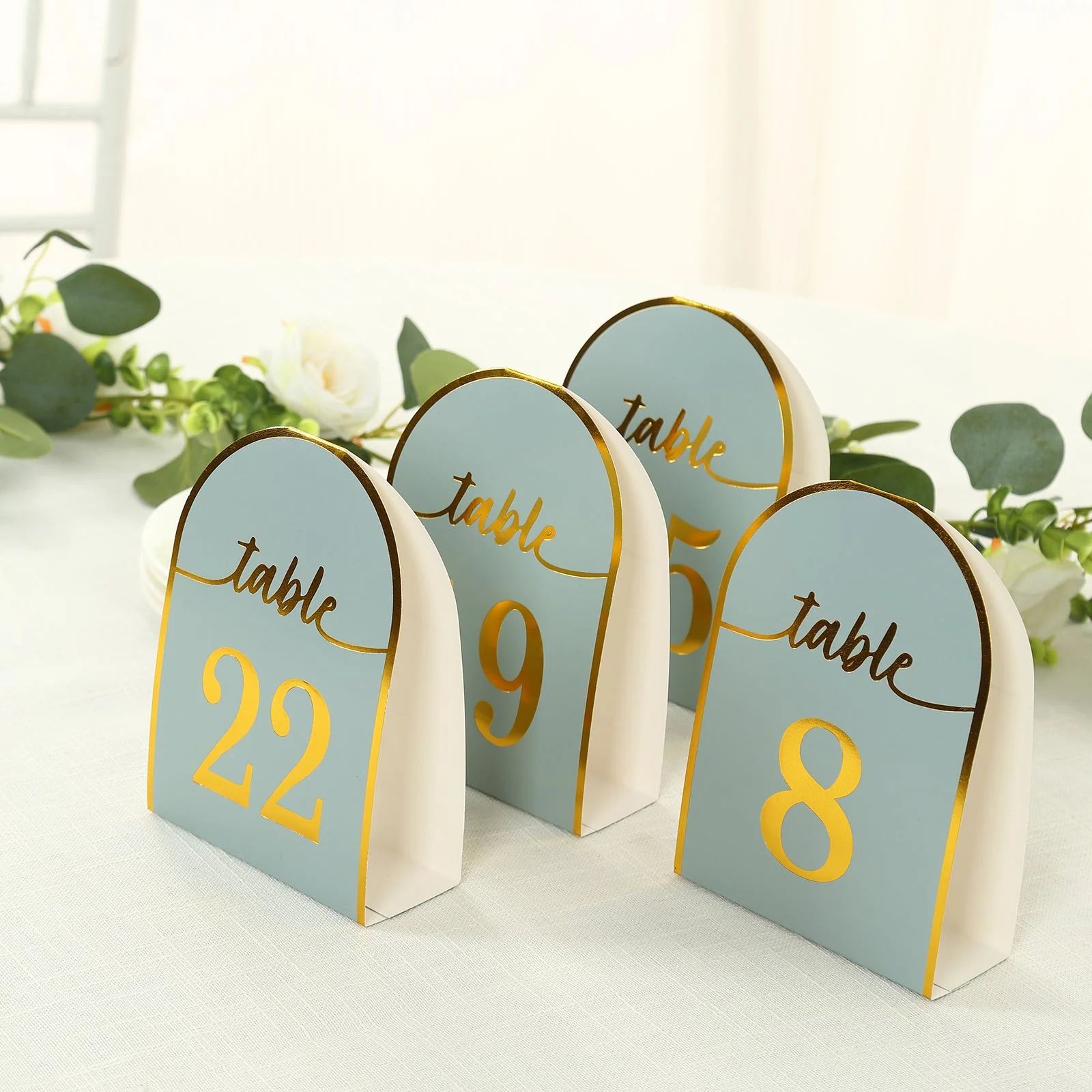 25-Pack Disposable Table Numbers 7" Dusty Blue Free Standing Double Sided Table Number Place Cards with Metallic Gold Foil Numbers 1-25 - Image 9