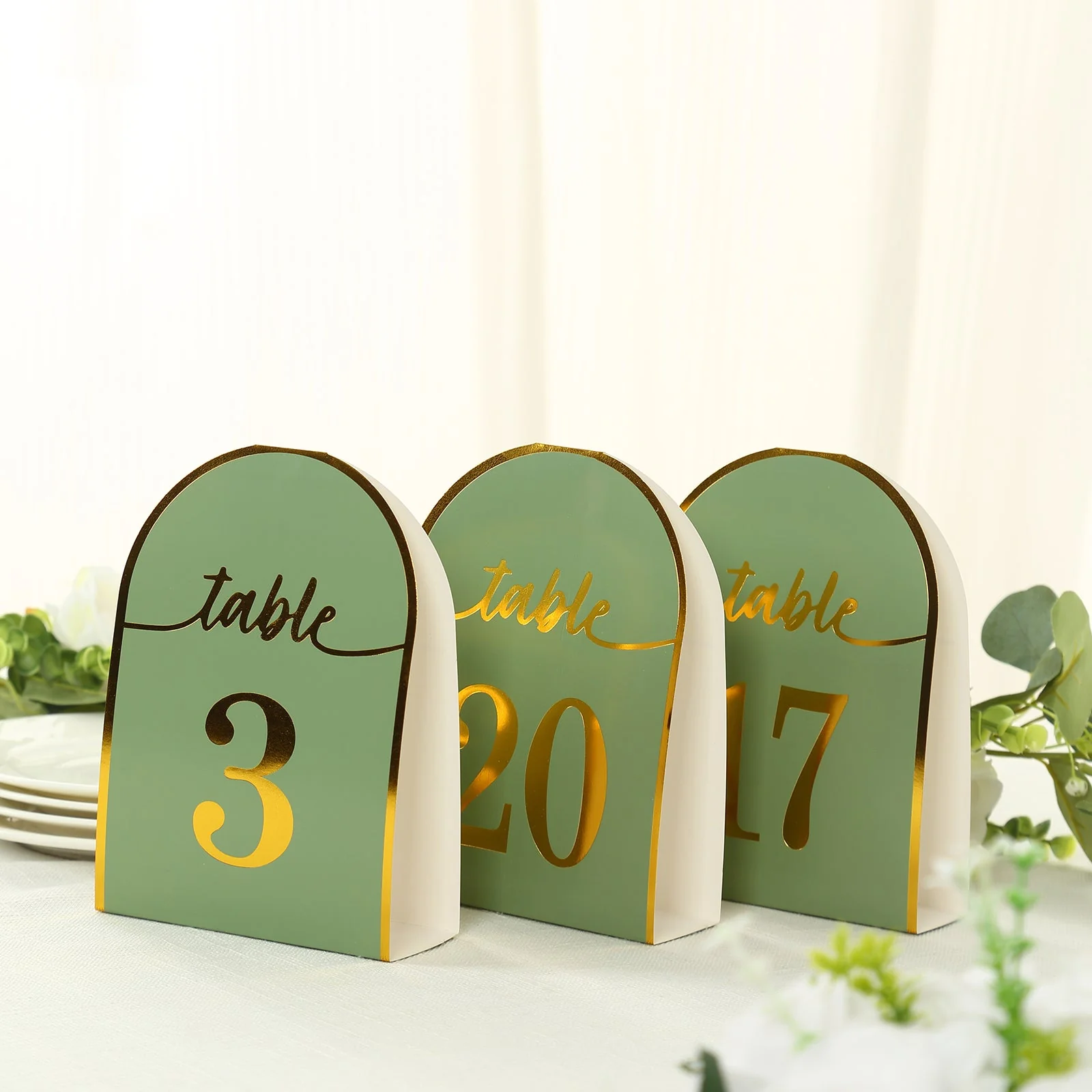 25-Pack Disposable Table Numbers 7" Sage Green Free Standing Double Sided Table Number Place Cards with Metallic Gold Foil Numbers 1-25 - Image 7