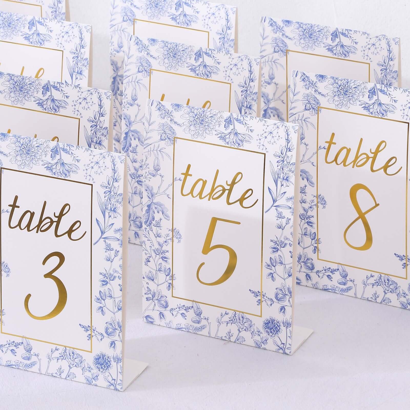 25-Pack Paper Wedding Table Numbers 7" White/Blue French Toile Design with Gold Foil Numbers 1-25 Chic Free Standing Double Sided Table Sign Cards - Image 6