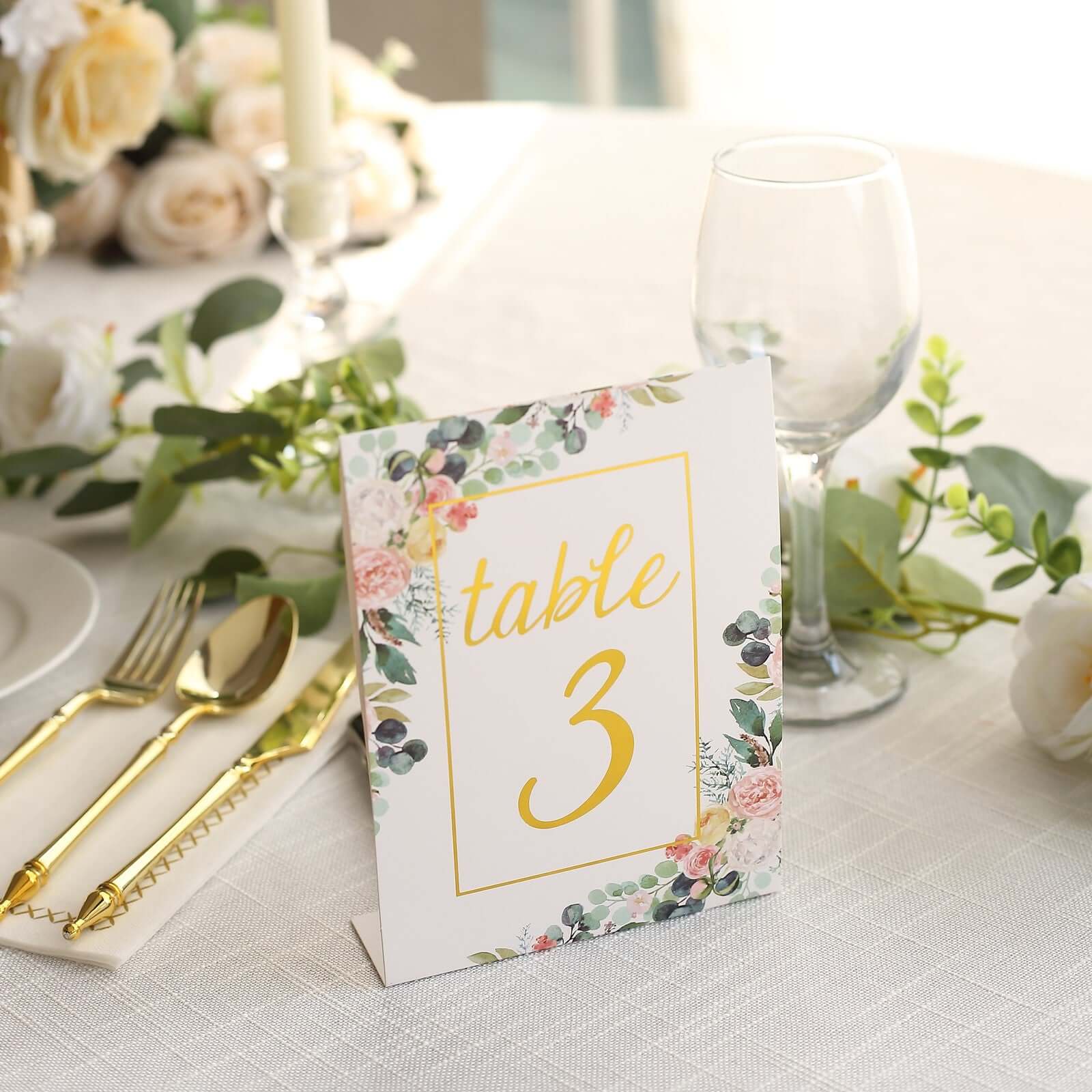 25-Pack Paper Wedding Table Numbers 7" White/Gold Peony Flowers Design with Foil Numbers 1-25 Chic Free Standing Double Sided Table Sign Cards