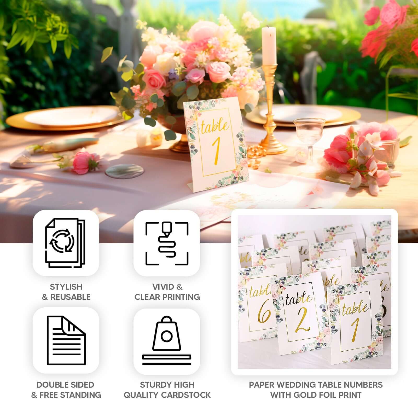 25-Pack Paper Wedding Table Numbers 7" White/Gold Peony Flowers Design with Foil Numbers 1-25 Chic Free Standing Double Sided Table Sign Cards - Image 4