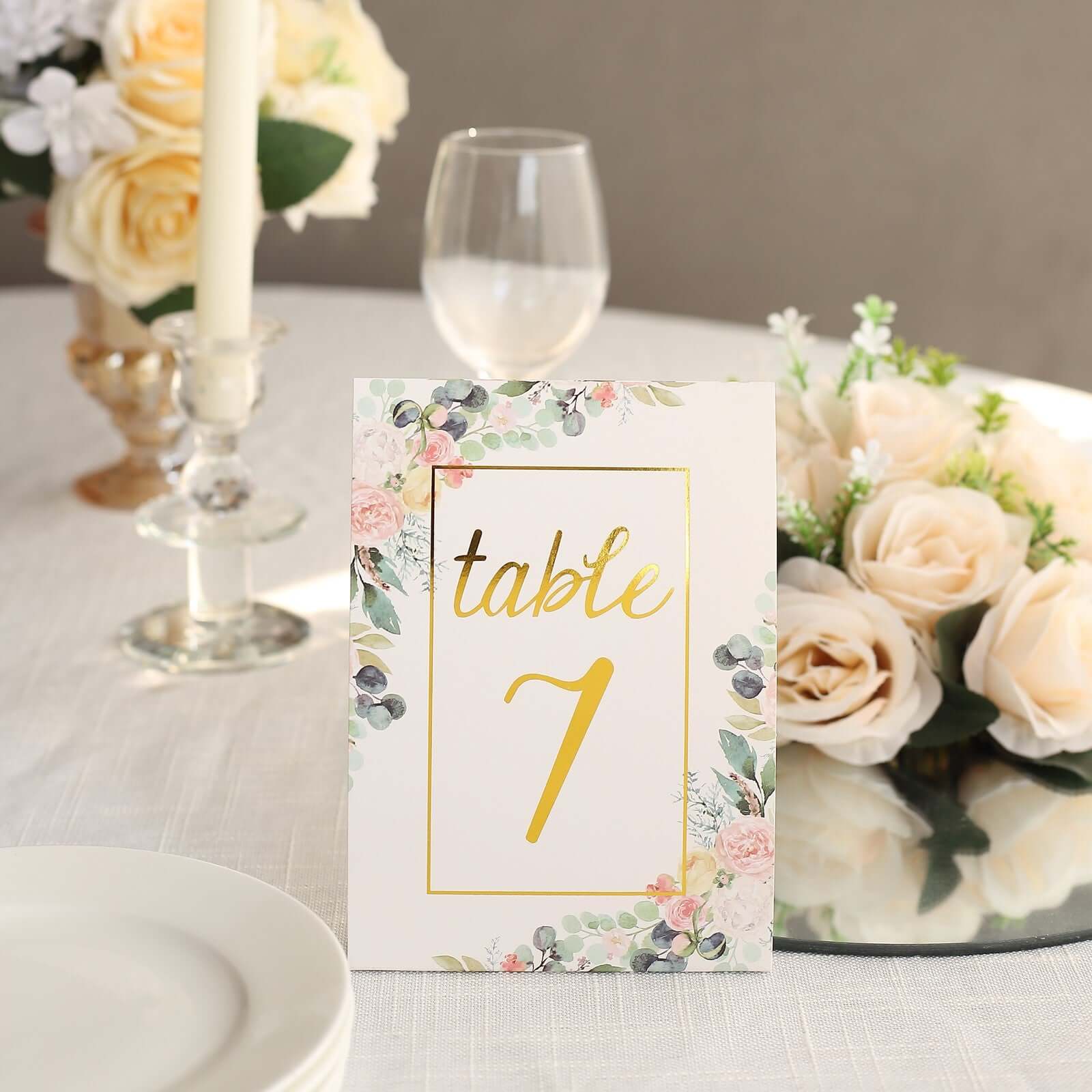 25-Pack Paper Wedding Table Numbers 7" White/Gold Peony Flowers Design with Foil Numbers 1-25 Chic Free Standing Double Sided Table Sign Cards - Image 6