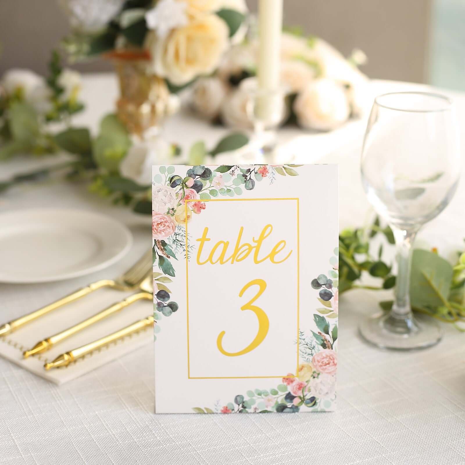25-Pack Paper Wedding Table Numbers 7" White/Gold Peony Flowers Design with Foil Numbers 1-25 Chic Free Standing Double Sided Table Sign Cards - Image 8