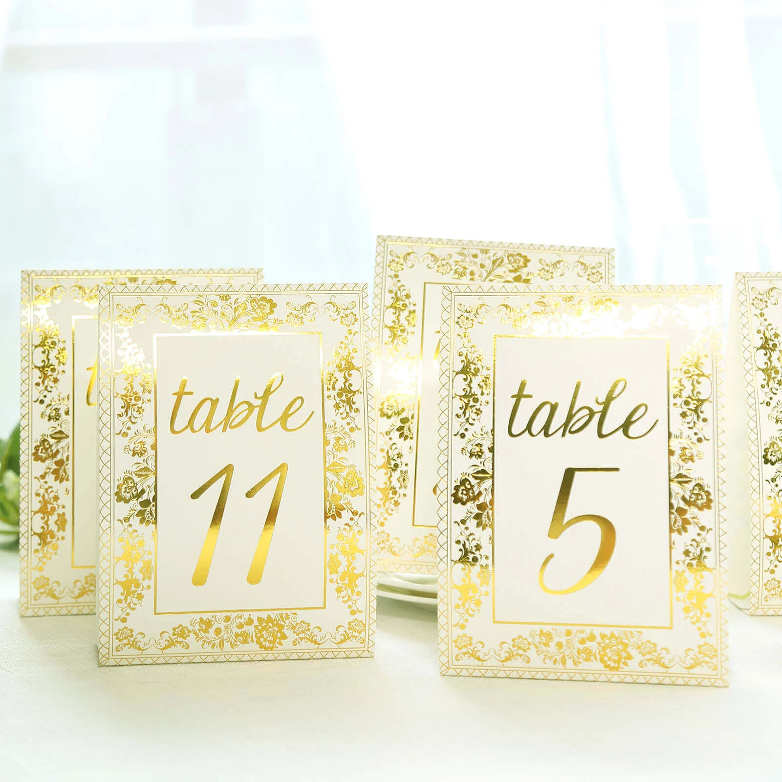 25-Pack Paper Wedding Table Numbers 7" White/Metallic Gold French Floral Toile Design with Foil Numbers 1-25 Chic Free Standing Double Sided Table Sign Cards - Image 2