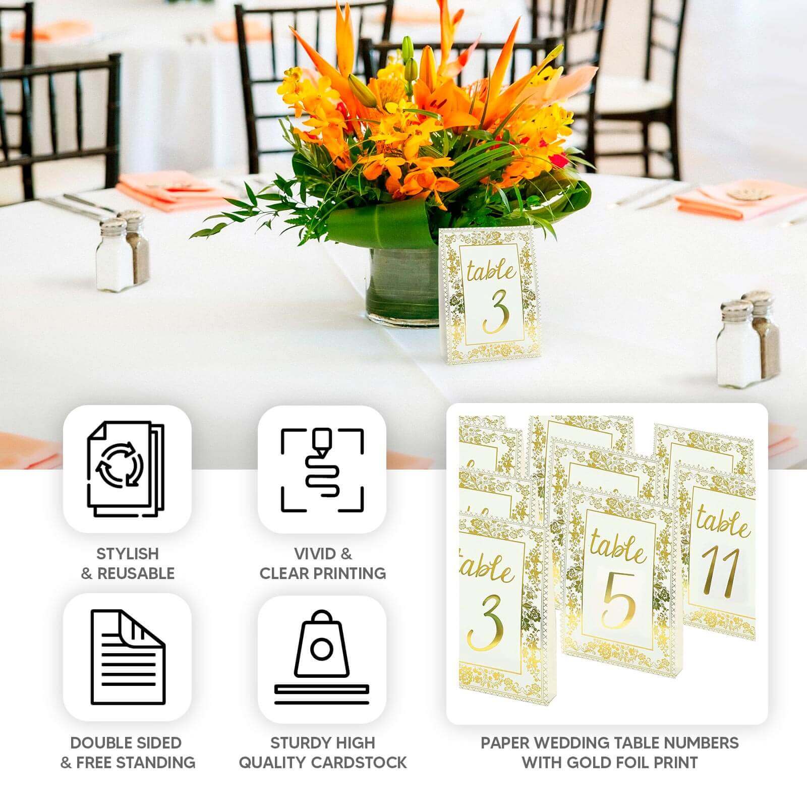 25-Pack Paper Wedding Table Numbers 7" White/Metallic Gold French Floral Toile Design with Foil Numbers 1-25 Chic Free Standing Double Sided Table Sign Cards - Image 4