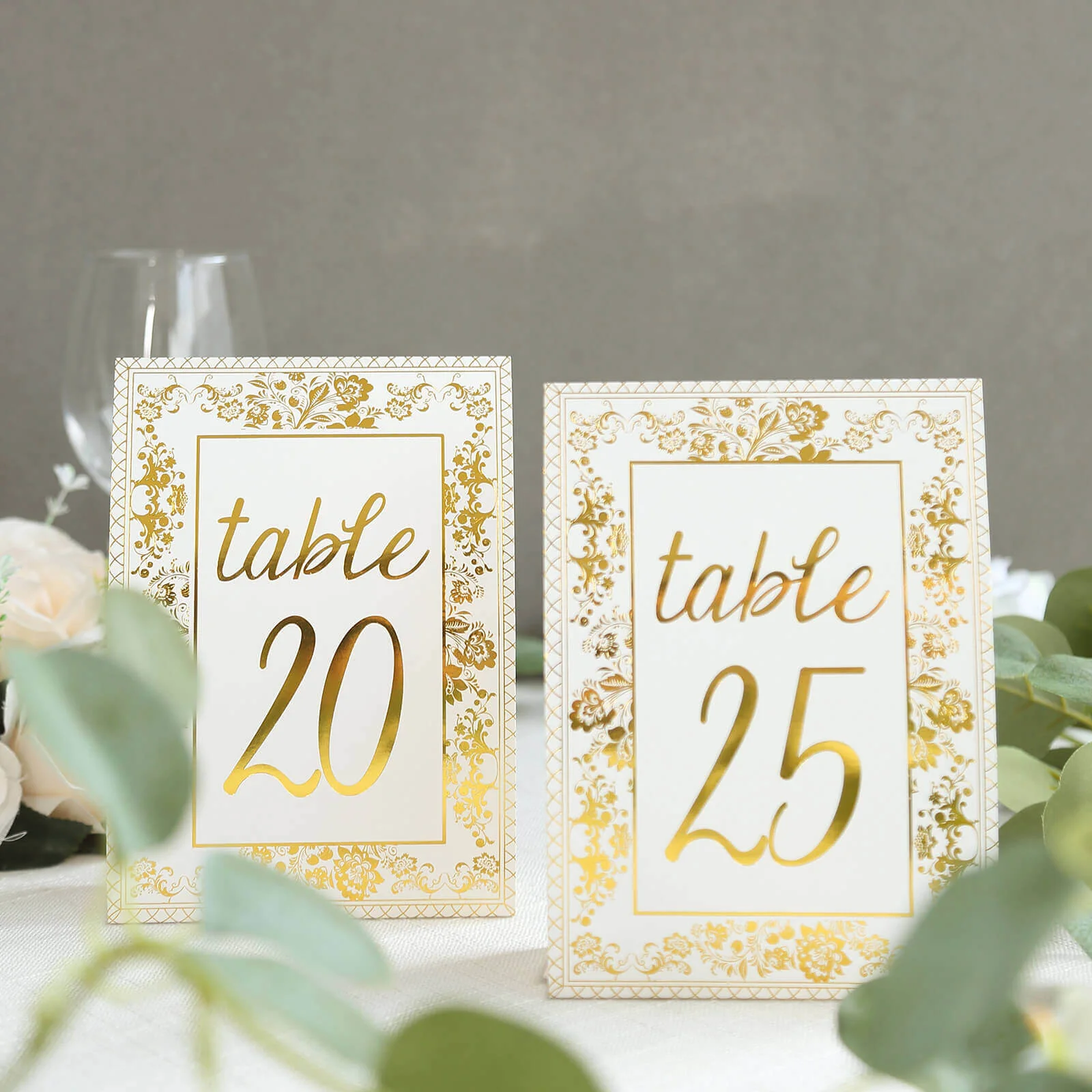 25-Pack Paper Wedding Table Numbers 7" White/Metallic Gold French Floral Toile Design with Foil Numbers 1-25 Chic Free Standing Double Sided Table Sign Cards - Image 6