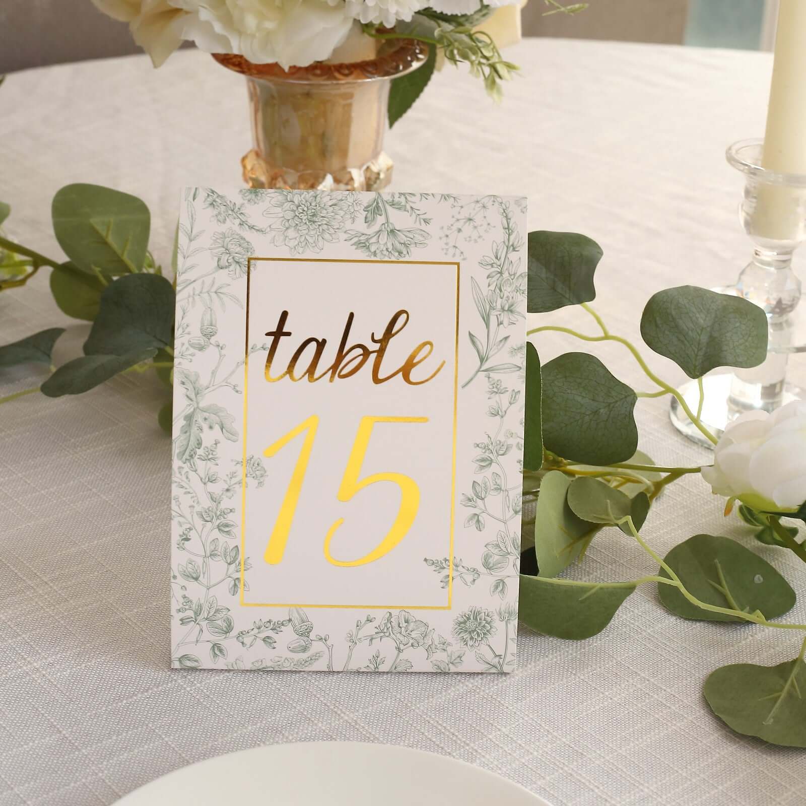 25-Pack Paper Wedding Table Numbers 7" White/Sage Green French Toile - Image 8