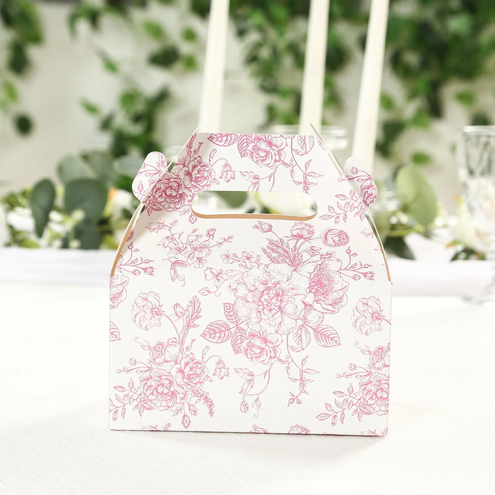 25 Pack Party Favor Gable Boxes in French Toile Pattern - Matte Pink and White Candy Treat Tote Boxes, Cardstock Paper - 6"x3.5"x7" - Image 4