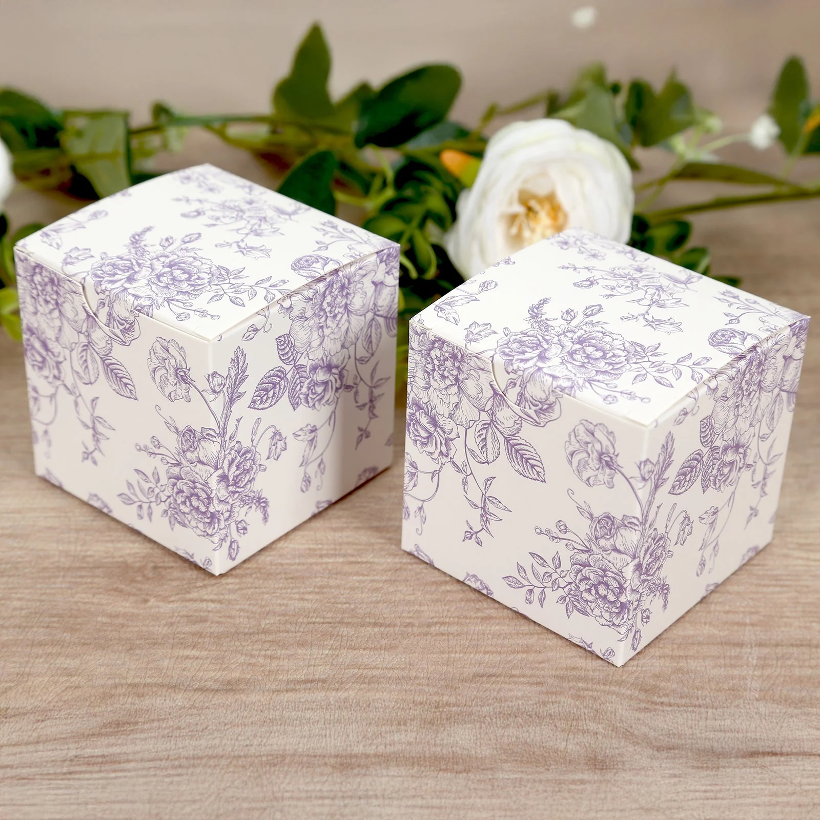 25 Pack Party Favor Gift Boxes in French Toile Pattern - Matte Lavender and White Candy Treat Boxes, Cardstock Paper - 3"x3" - Image 3